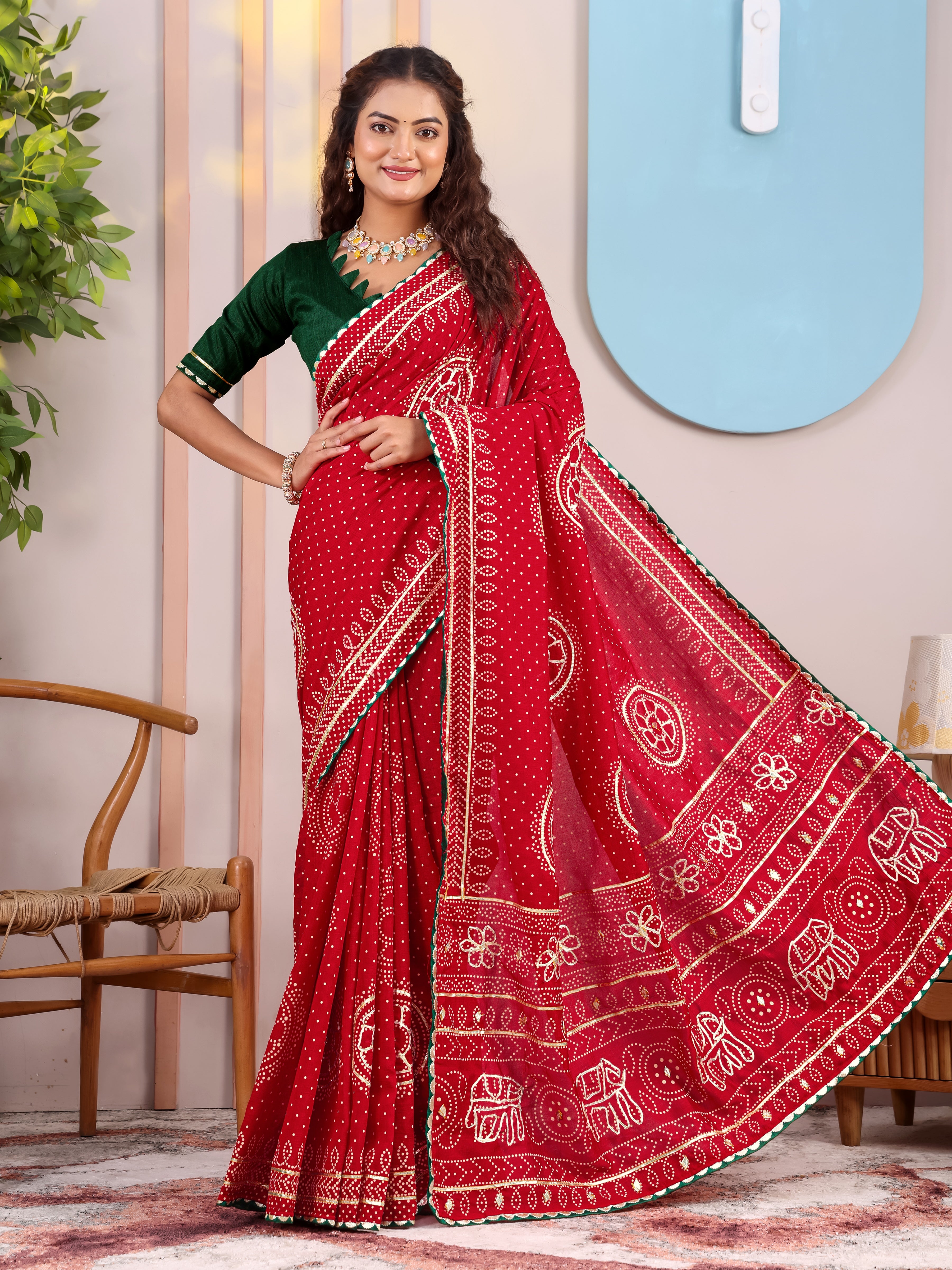 Red Round Bandhani On Pure Vichitra Silk Saree with Gota Patti Work