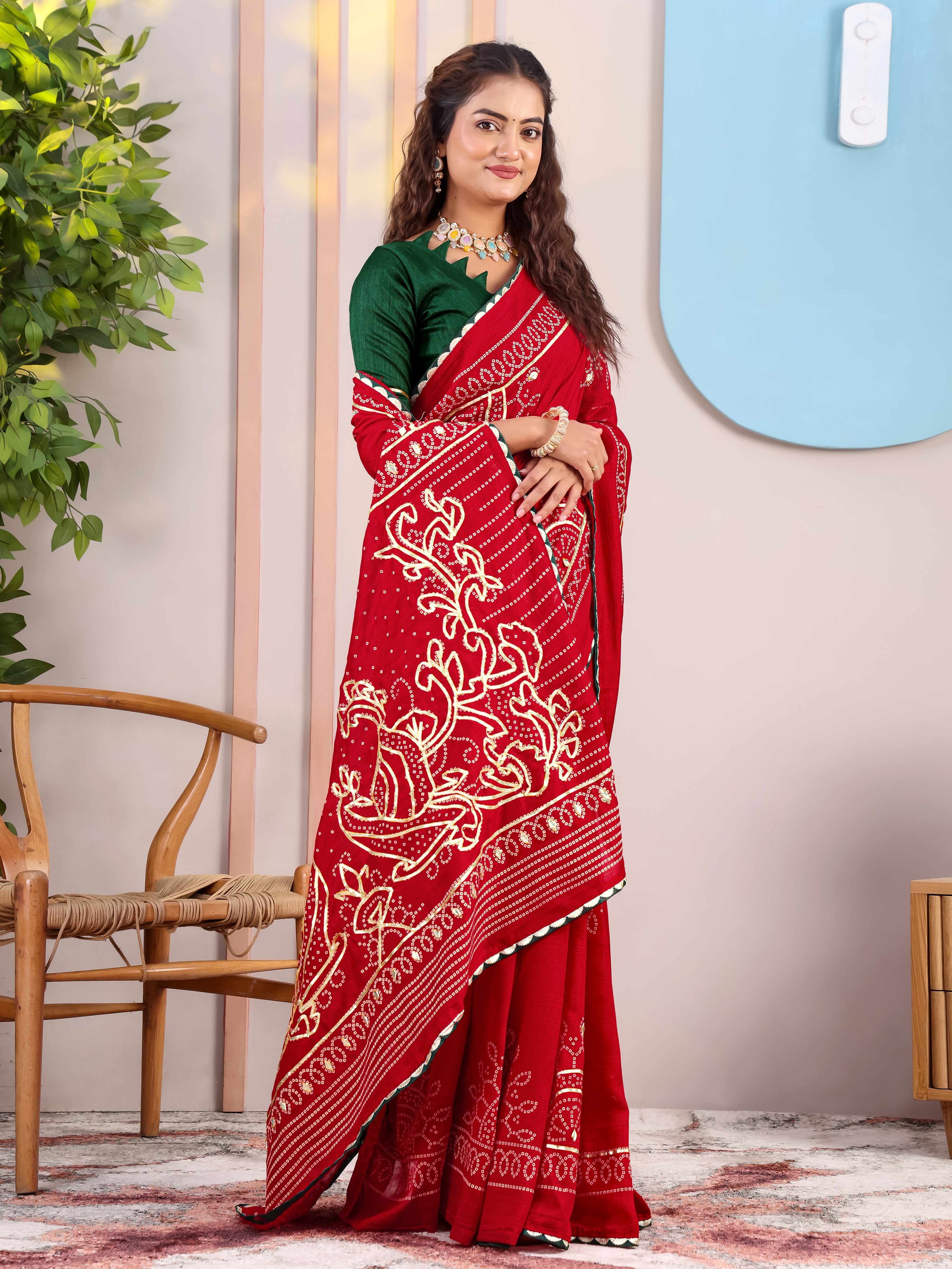 Red Bandhani On Pure Vichitra Silk Saree with Gota Patti Work