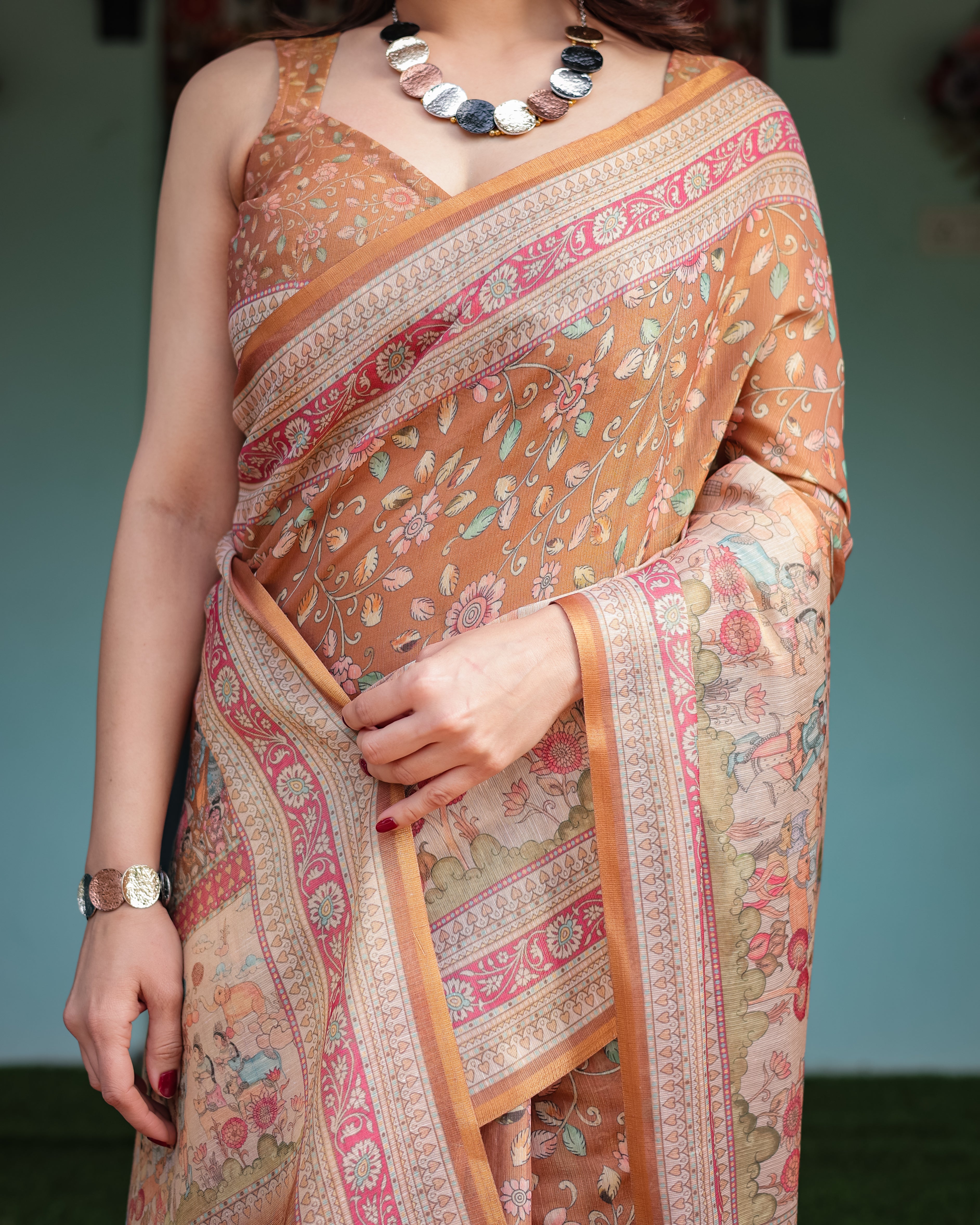 Mustard Tan Handloom Floral Print With Ethnic Pattern Saree