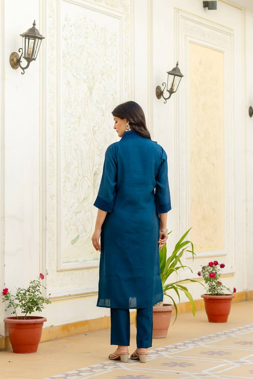 Blue Roman Silk Chikan kari Work Kurti Set 