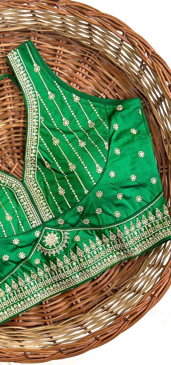 Green Thread Work Heavy Silk V-Neck Readymade Blouse