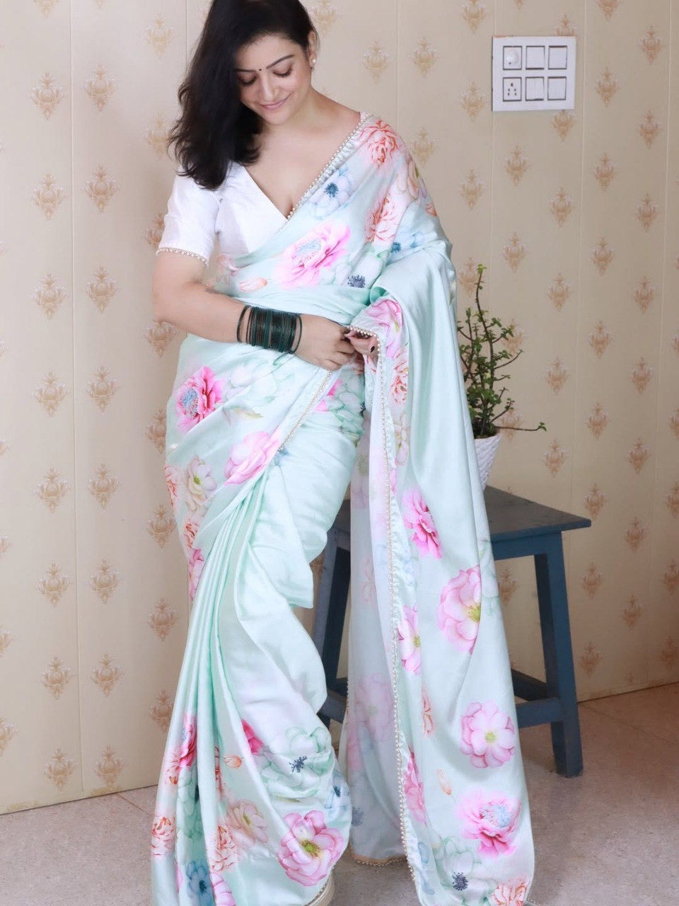 White Satin Silk Printed Ready To Wear Saree