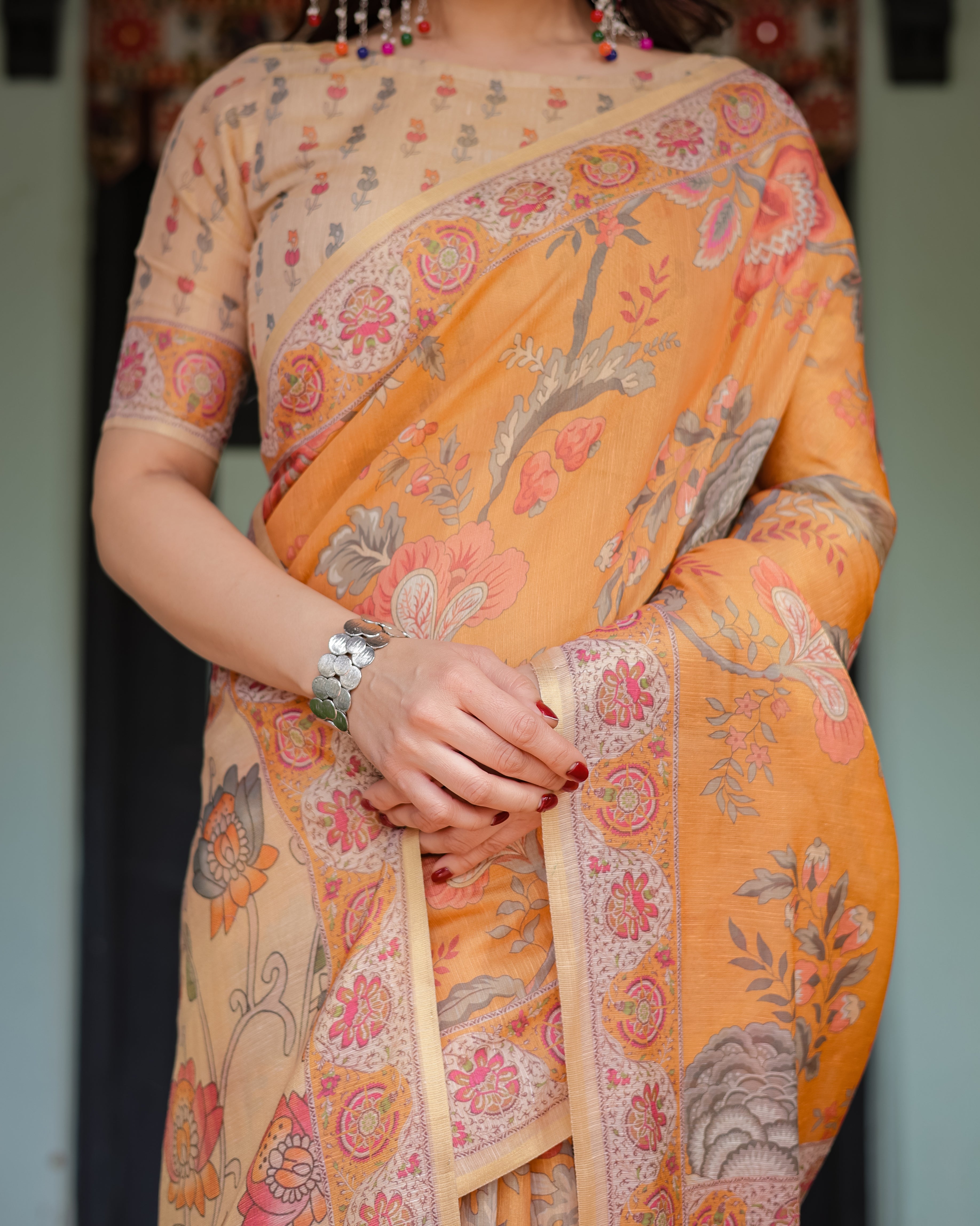 Orange Handloom Floral Border With Ethnic Detailing Saree