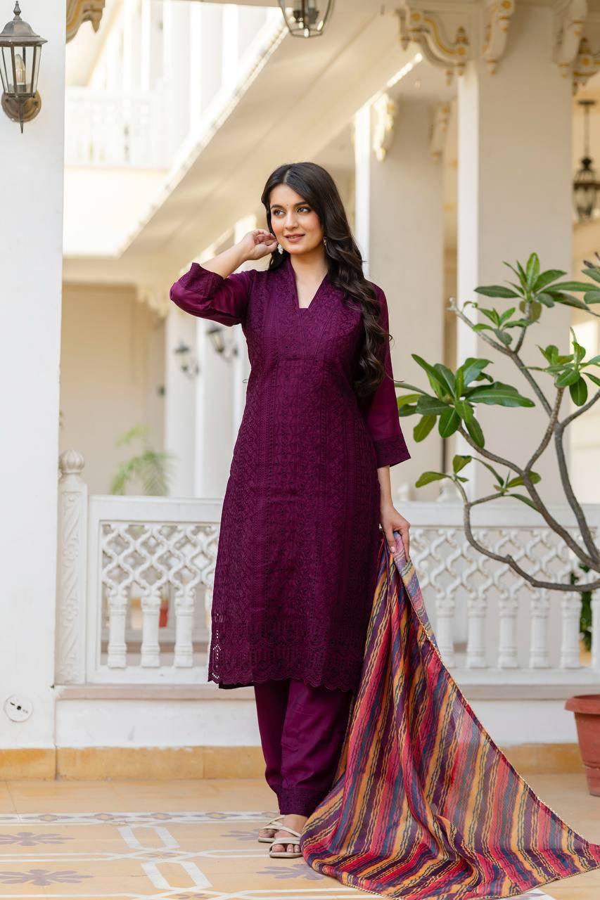 Maroon Roman Silk Chikan kari Work Kurti Set