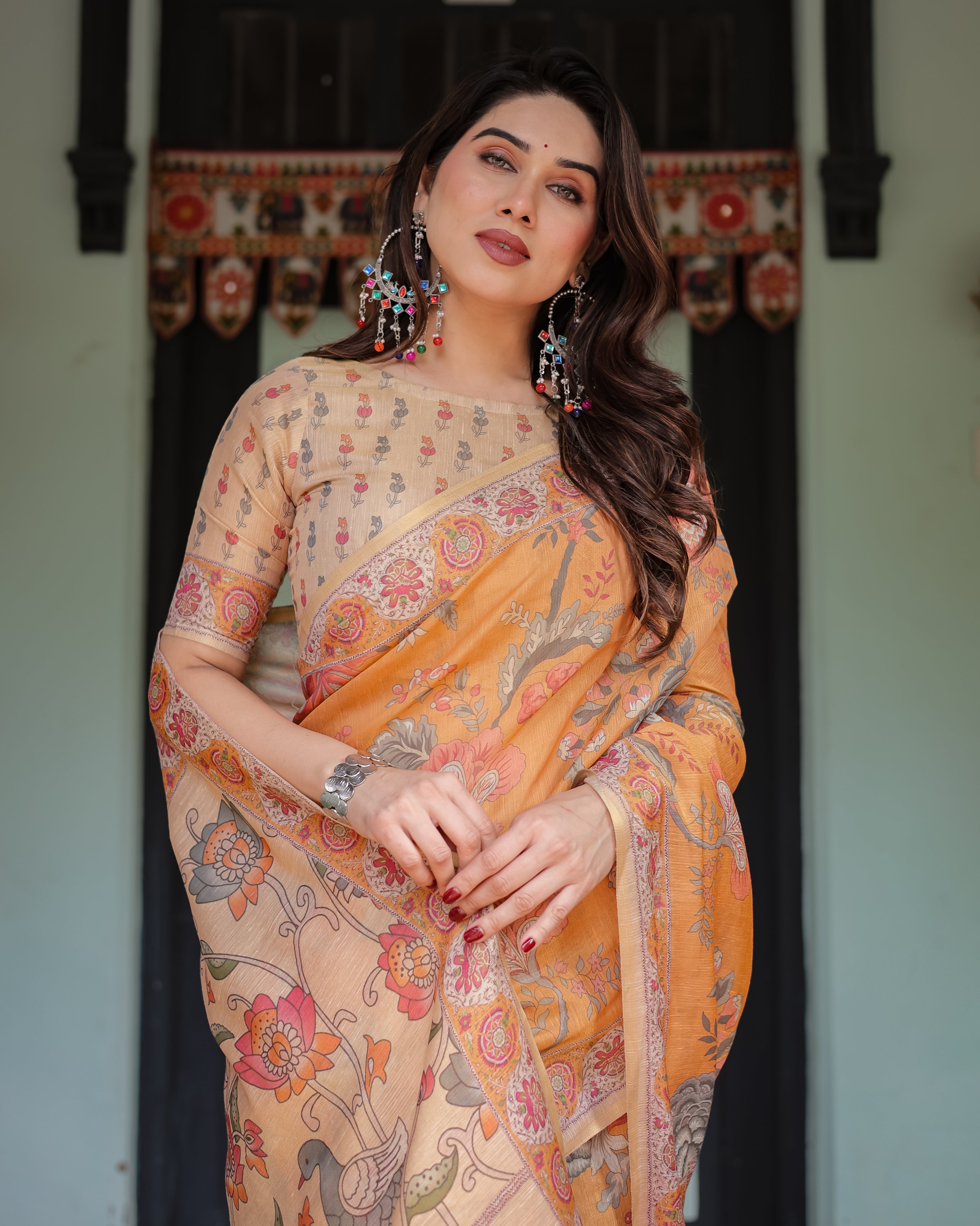 Orange Handloom Floral Border With Ethnic Detailing Saree