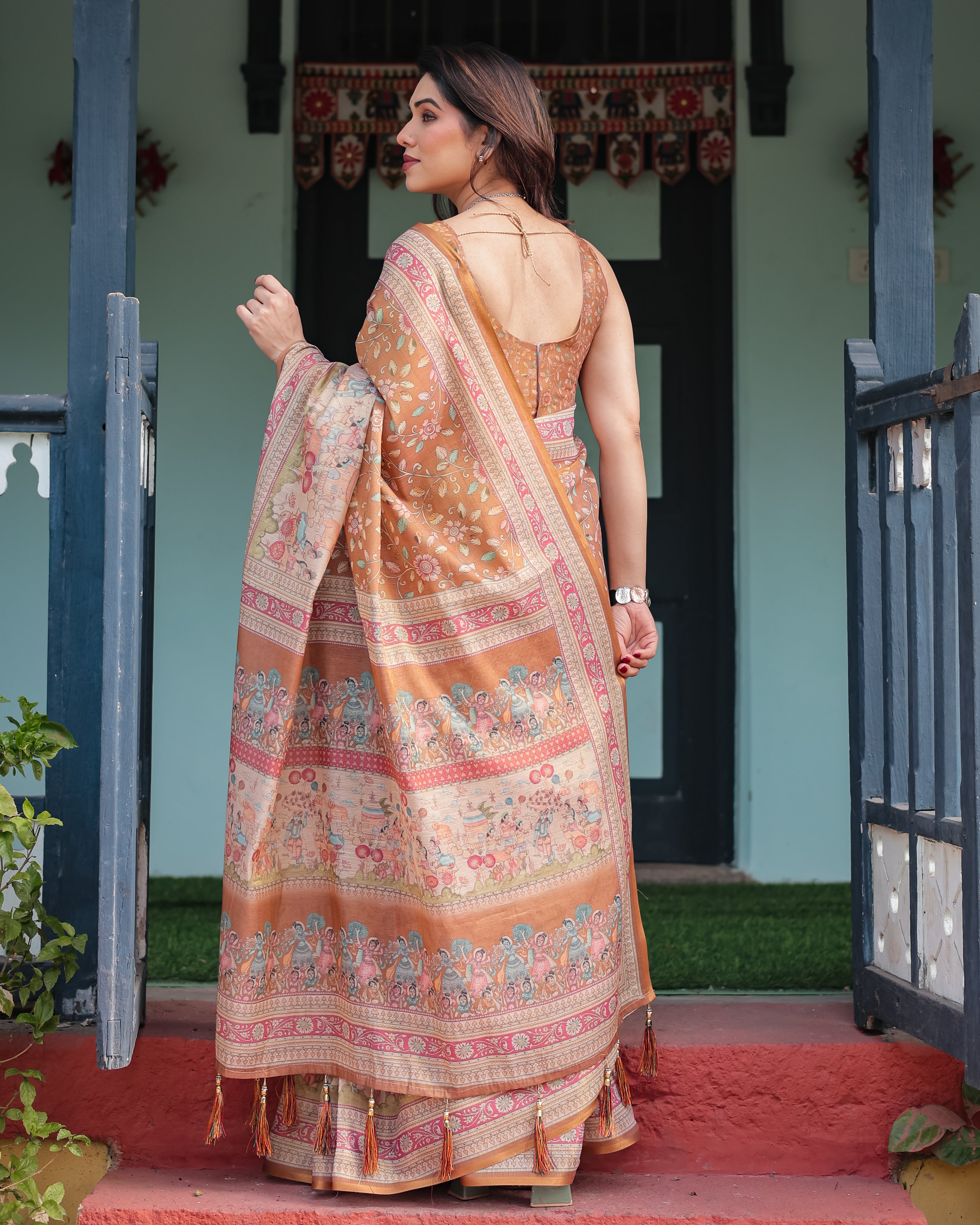 Mustard Tan Handloom Floral Print With Ethnic Pattern Saree