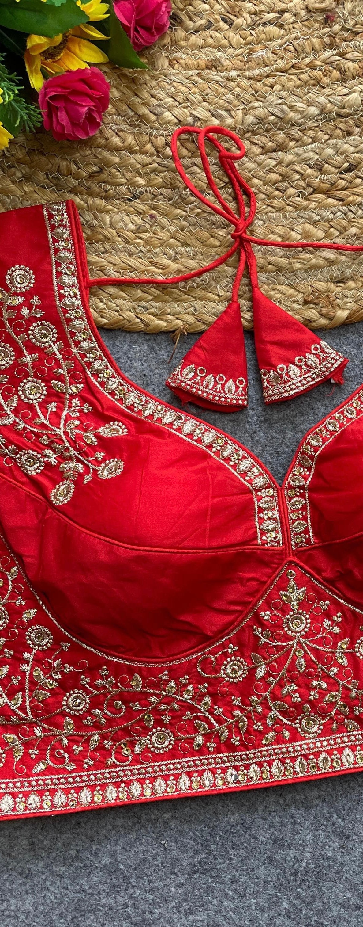 Red Handwork Heavy Silk Katori Pattern Readymade Blouse