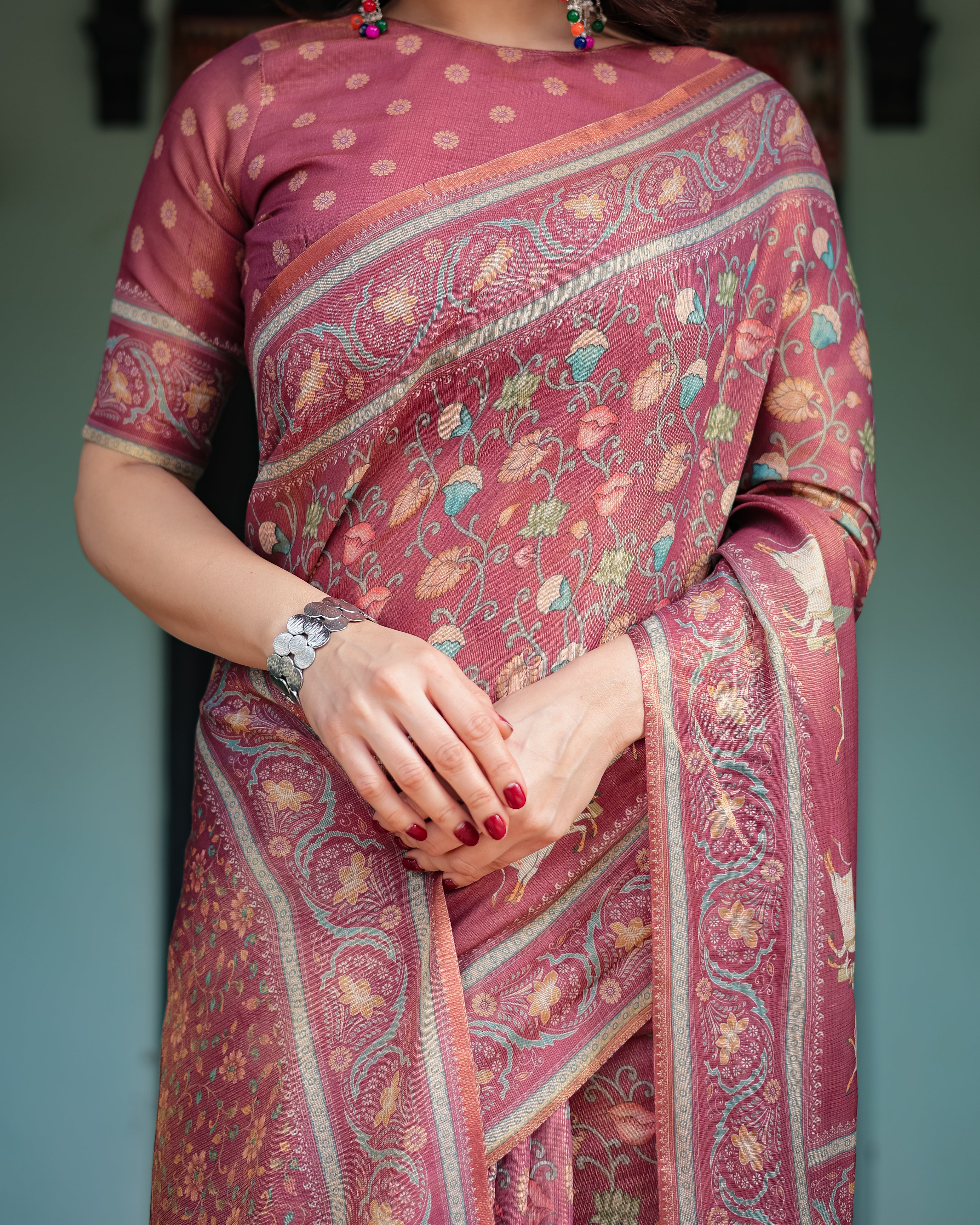 Pink Handloom Floral Printed Border Saree 