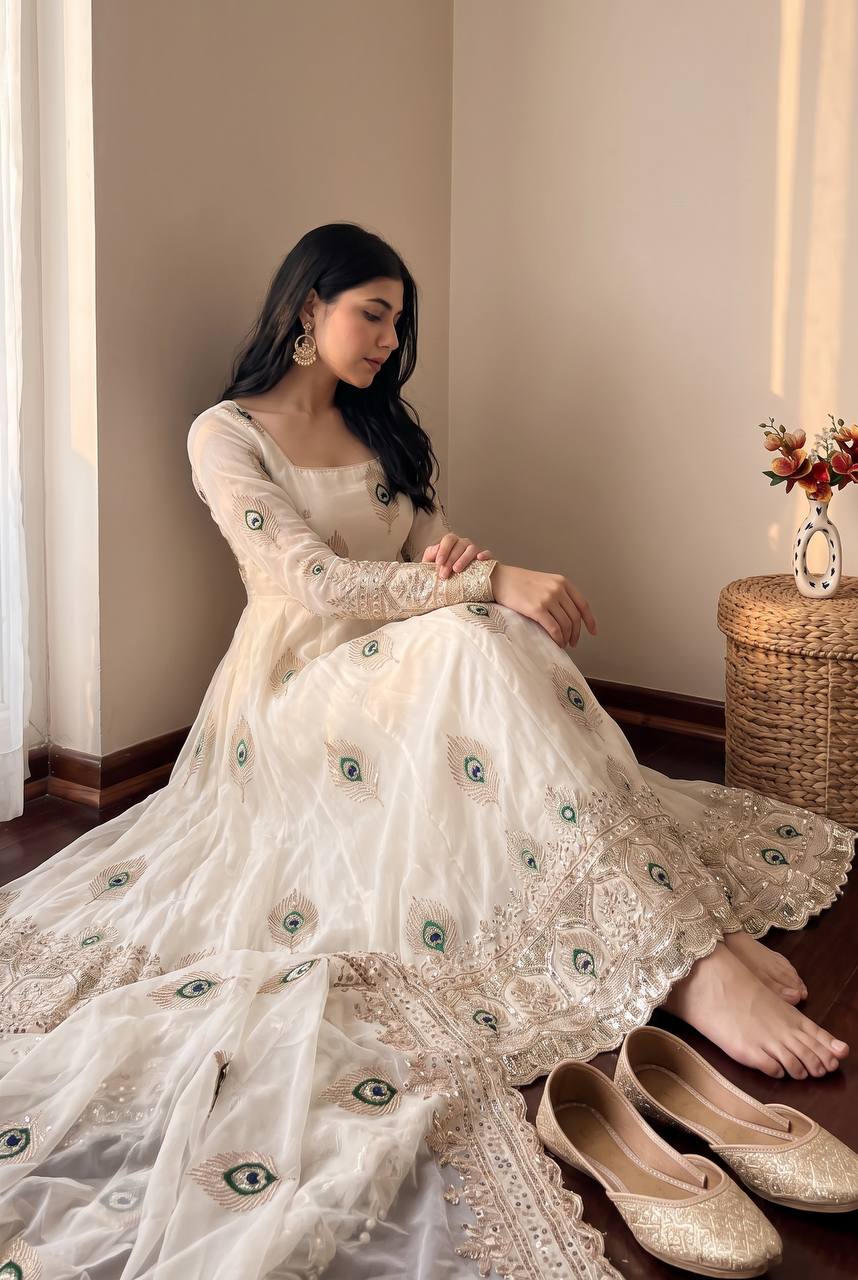 White Heavy Fandy Silk Embroidery Threads And Zari Sequins Work Suit Set