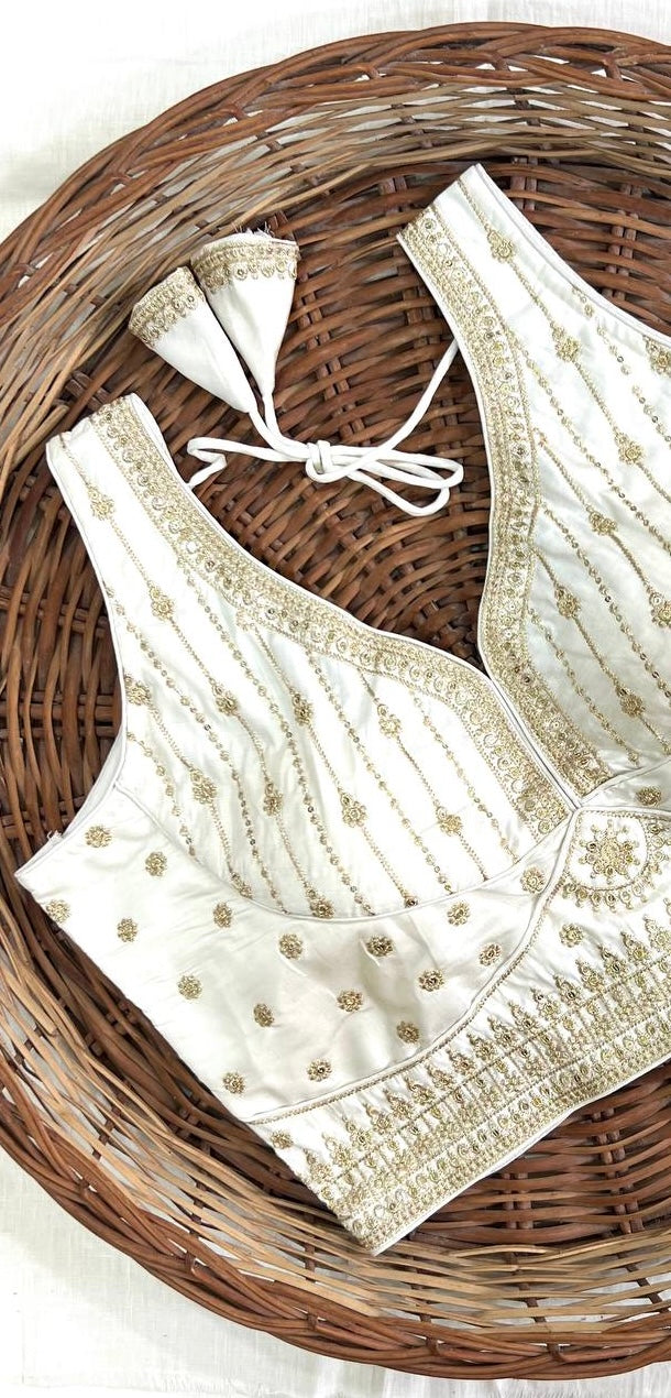 White Thread Work Heavy Silk V-Neck Readymade Blouse