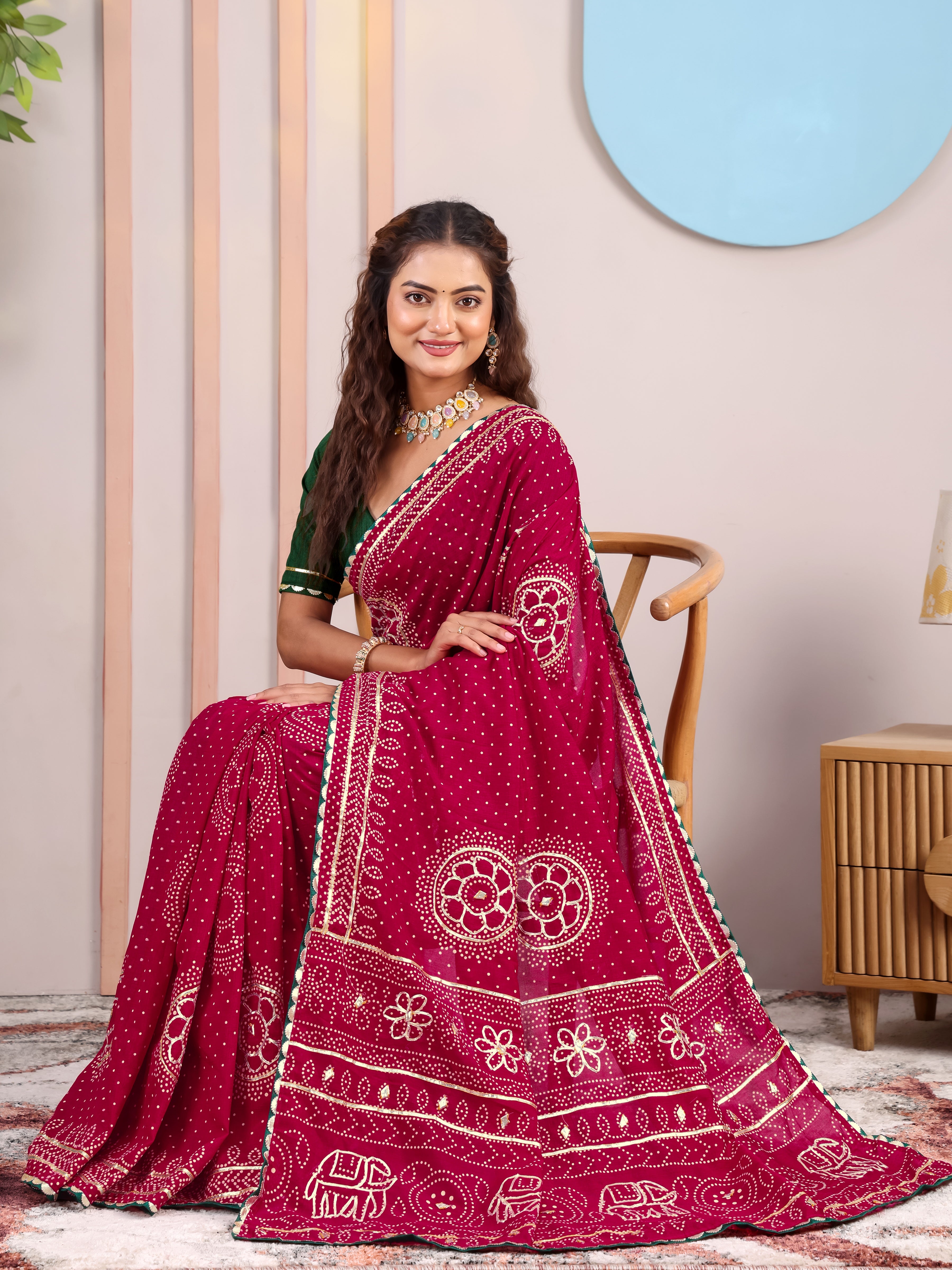 Maroon Round Bandhani On Pure Vichitra  Silk Saree with Gota Patti Work