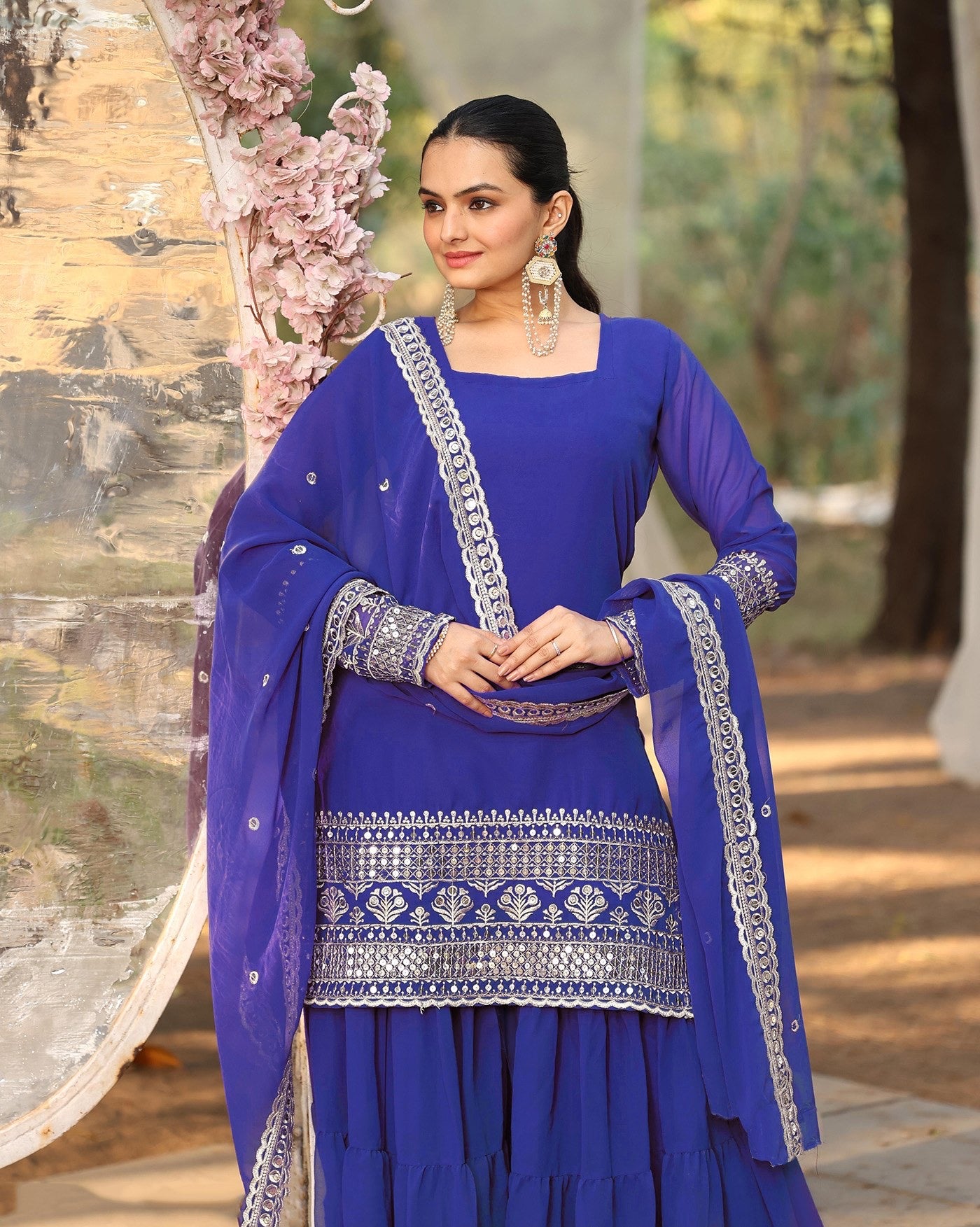 Blue Georgette Embroidered Kurta Sharara Set