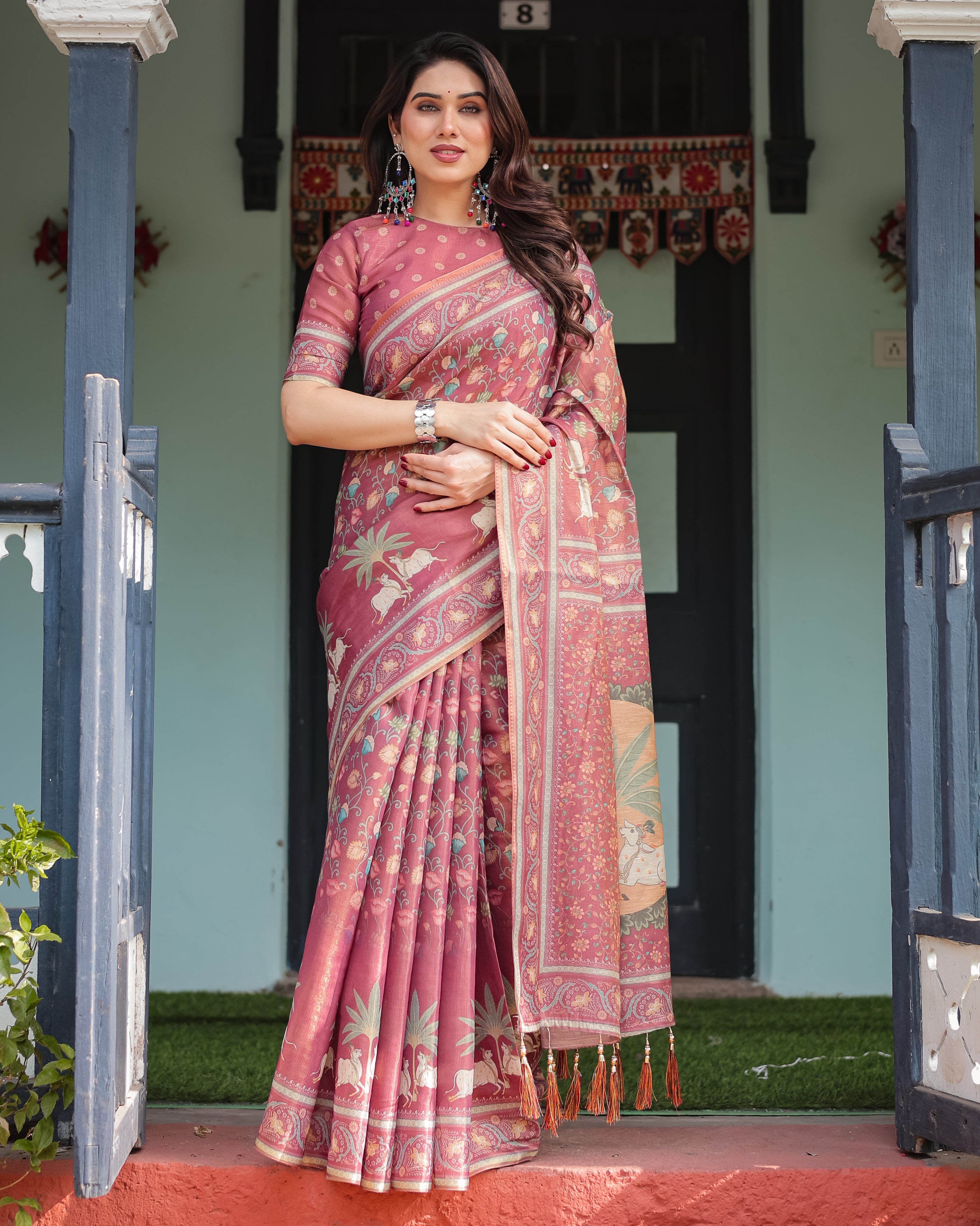 Pink Handloom Floral Printed Border Saree 