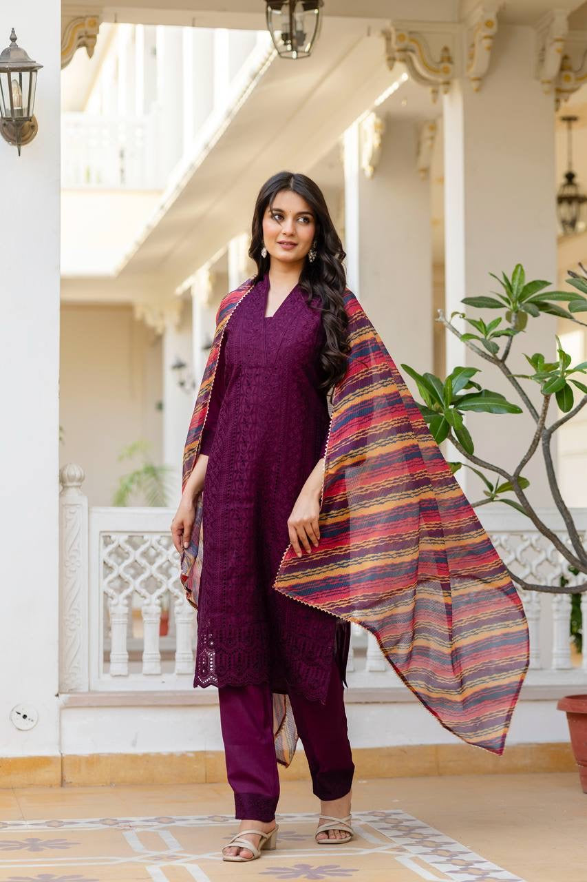 Maroon Roman Silk Chikan kari Work Kurti Set