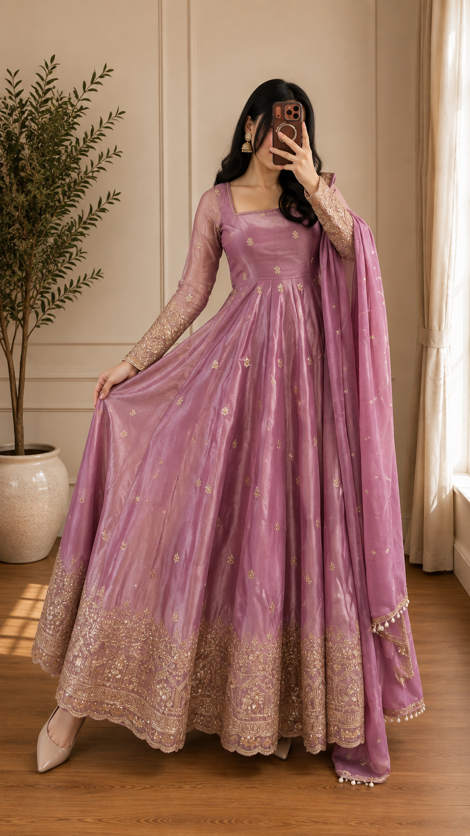 Onion Pink Fendi Satin Embroidered Sequins Work Suit Set