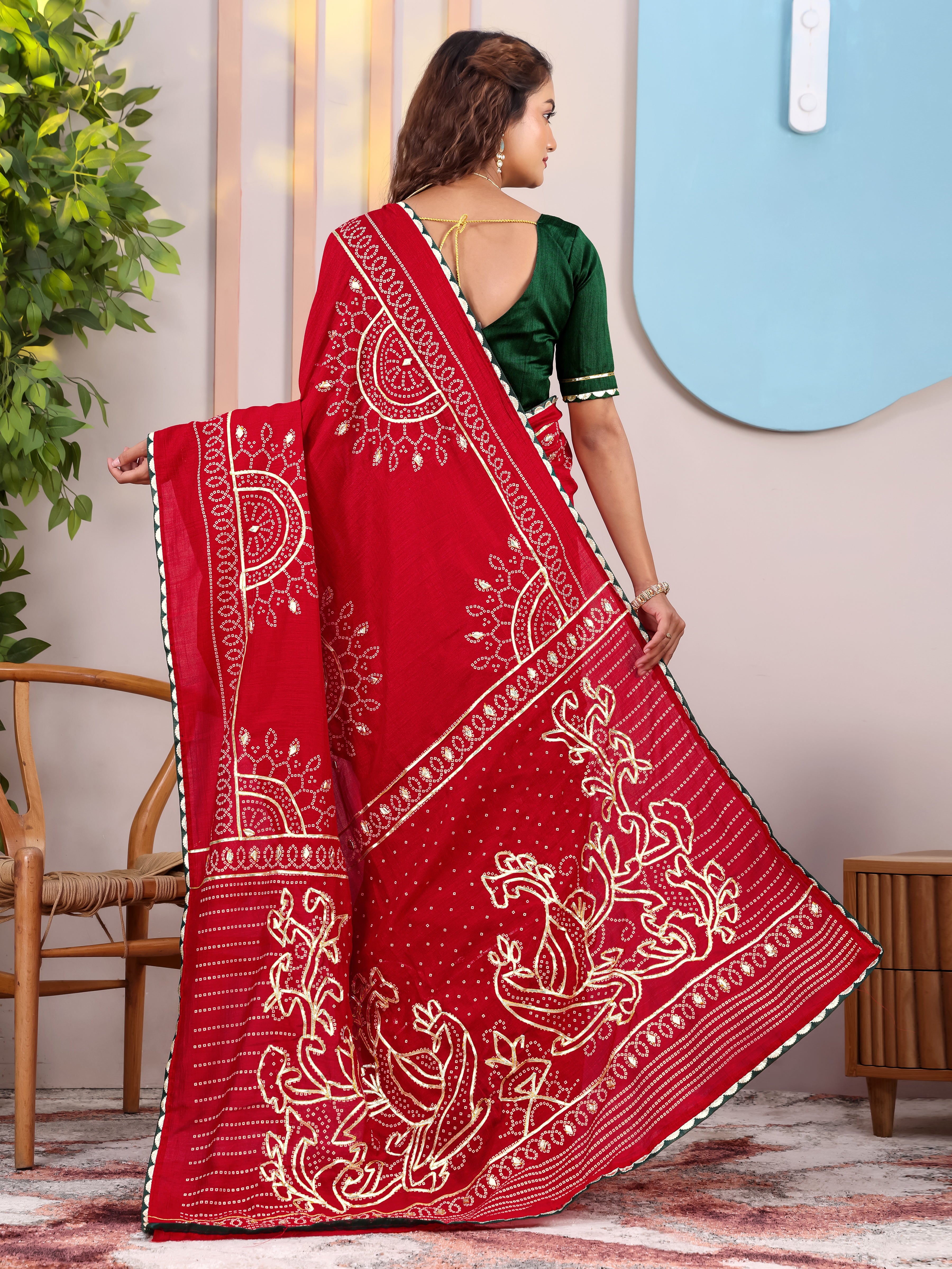 Red Bandhani On Pure Vichitra Silk Saree with Gota Patti Work