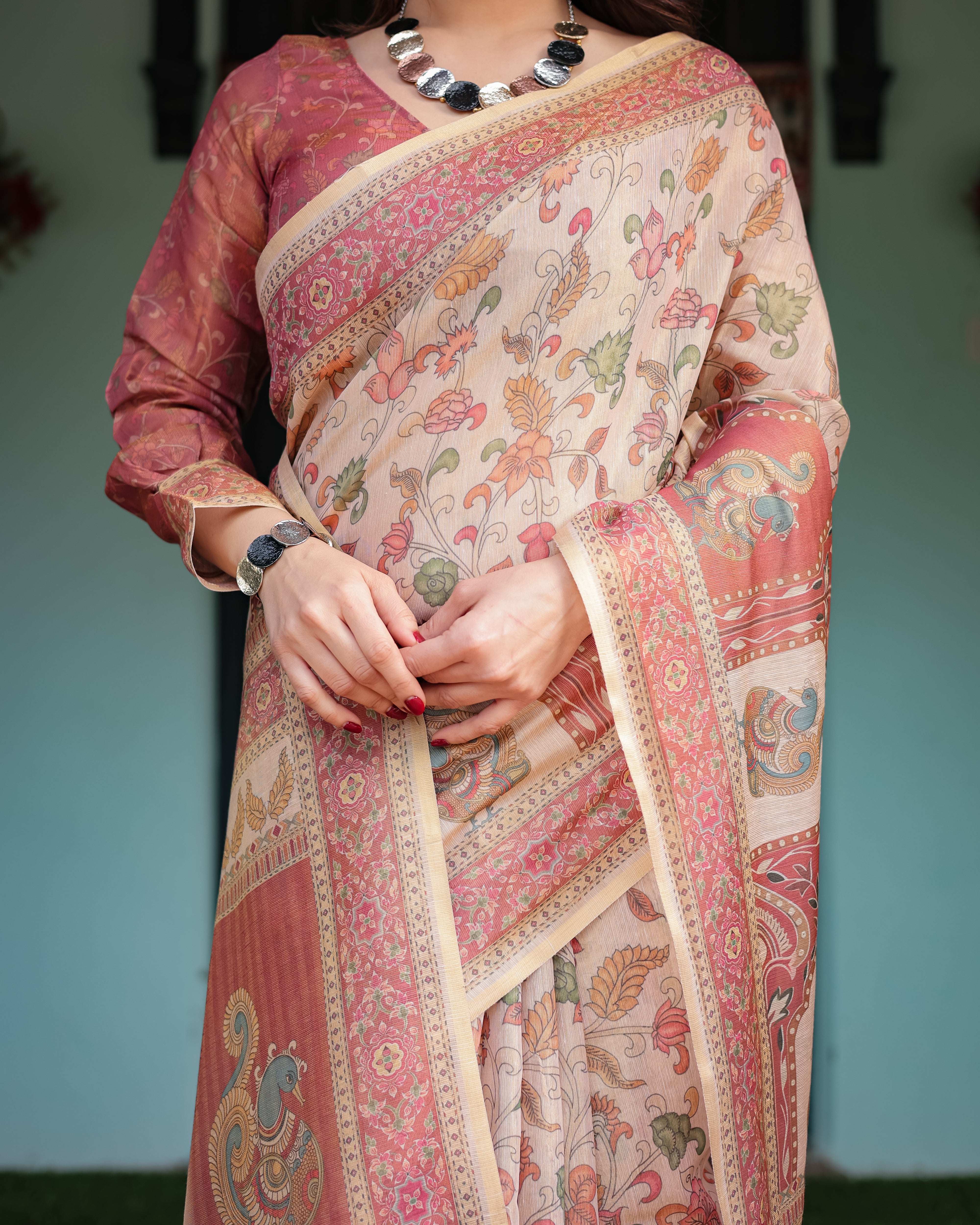 Rose Pink Handloom Floral Print With Ethnic Border Sraee