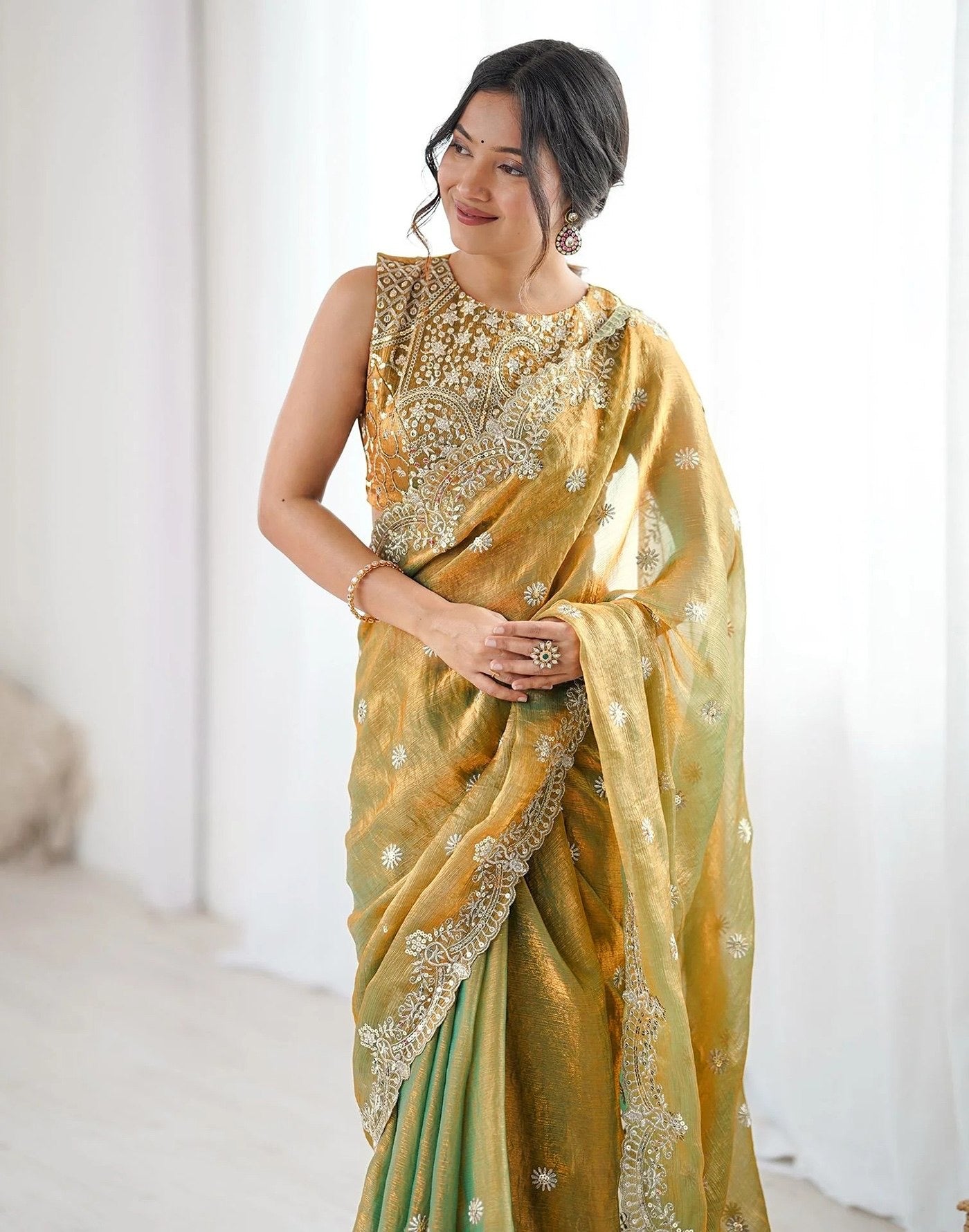 Green Fandy Facbric Designer Work Party Wear Saree