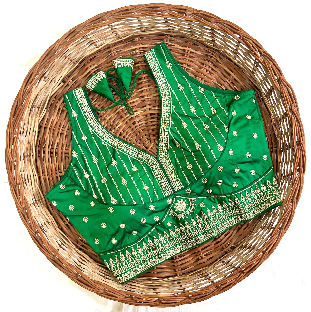 Green Thread Work Heavy Silk V-Neck Readymade Blouse