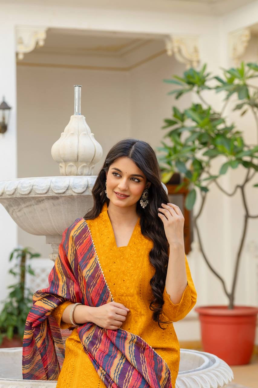 Yellow Roman Silk Chikan kari Work Kurti Set