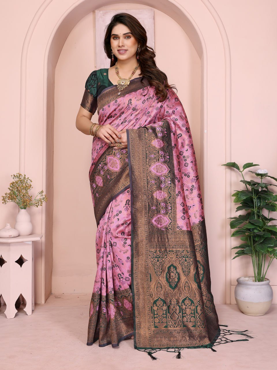 Green And Pink Traditional Banarasi Soft Silk Jacquard Border Saree