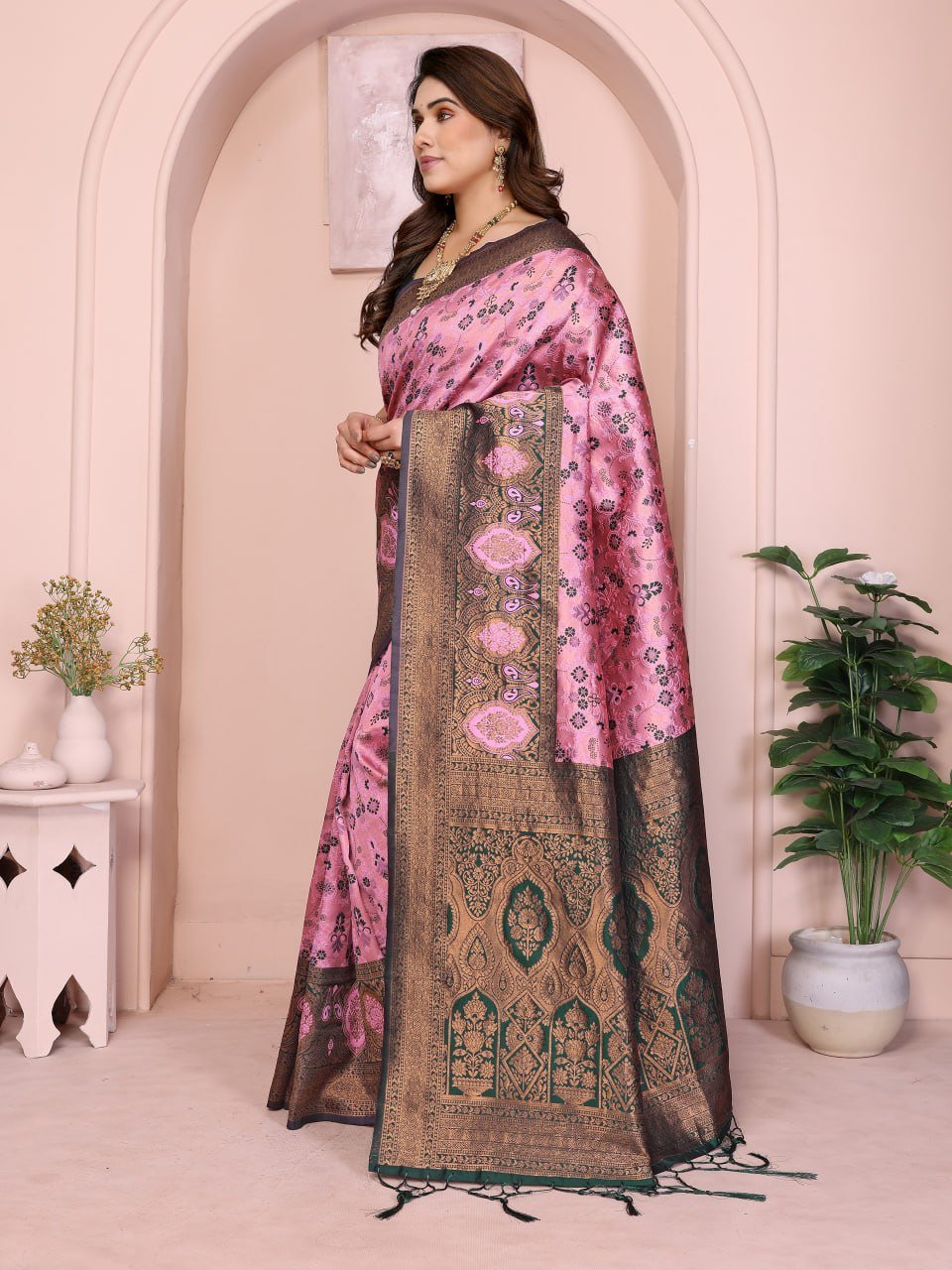 Green And Pink Traditional Banarasi Soft Silk Jacquard Border Saree