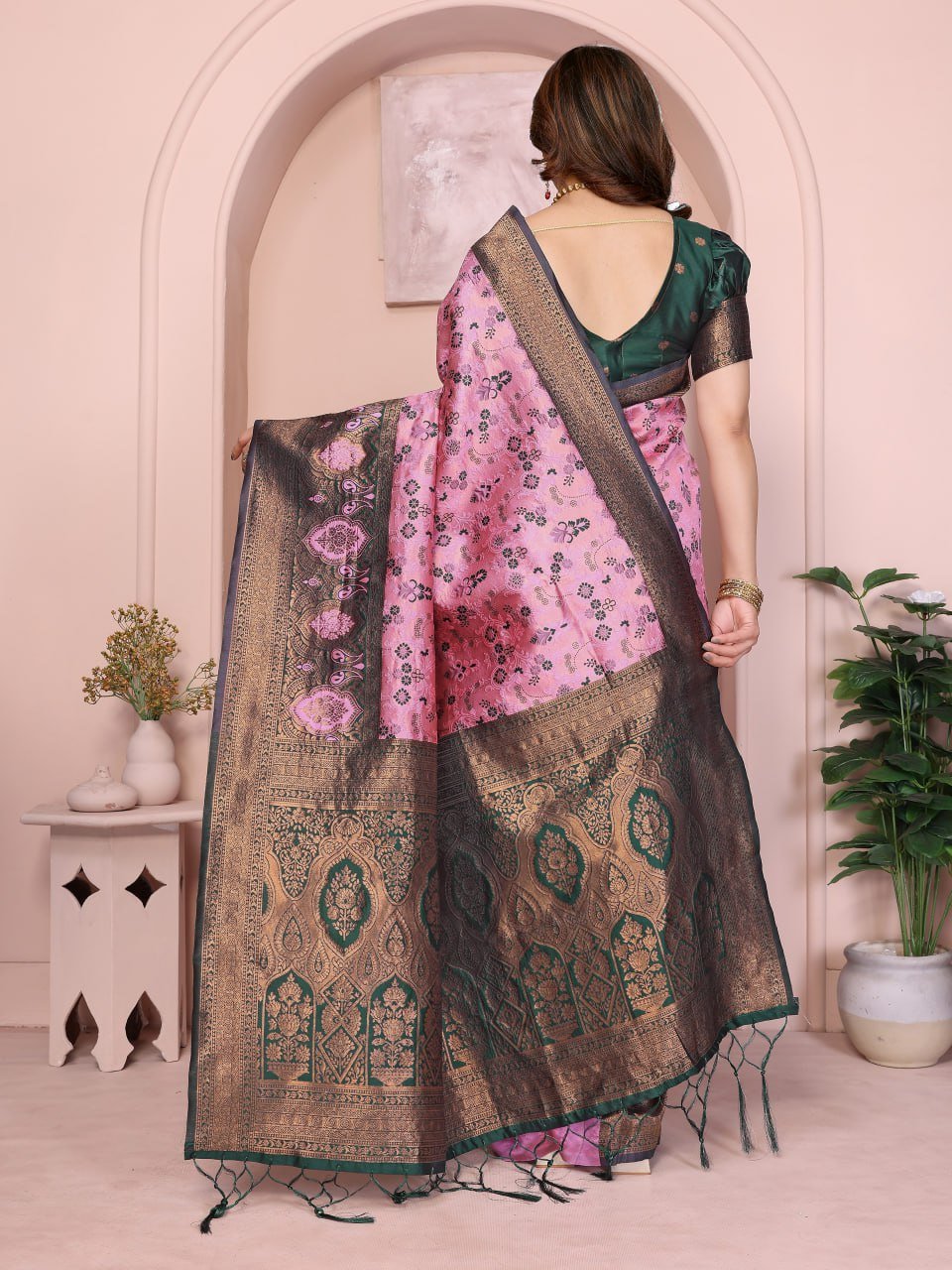 Green And Pink Traditional Banarasi Soft Silk Jacquard Border Saree