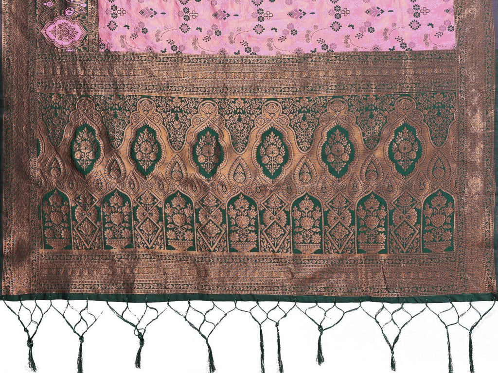 Green And Pink Traditional Banarasi Soft Silk Jacquard Border Saree
