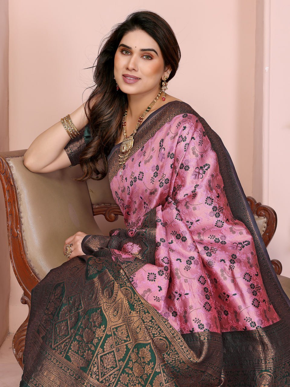 Green And Pink Traditional Banarasi Soft Silk Jacquard Border Saree