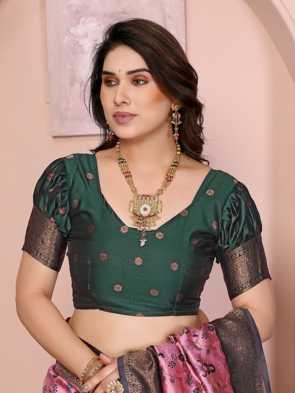 Green And Pink Traditional Banarasi Soft Silk Jacquard Border Saree