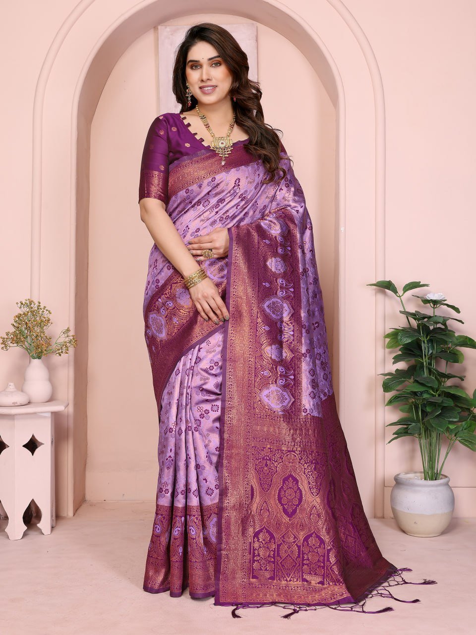 Purple And Pink Traditional Banarasi Soft Silk Jacquard Border Saree
