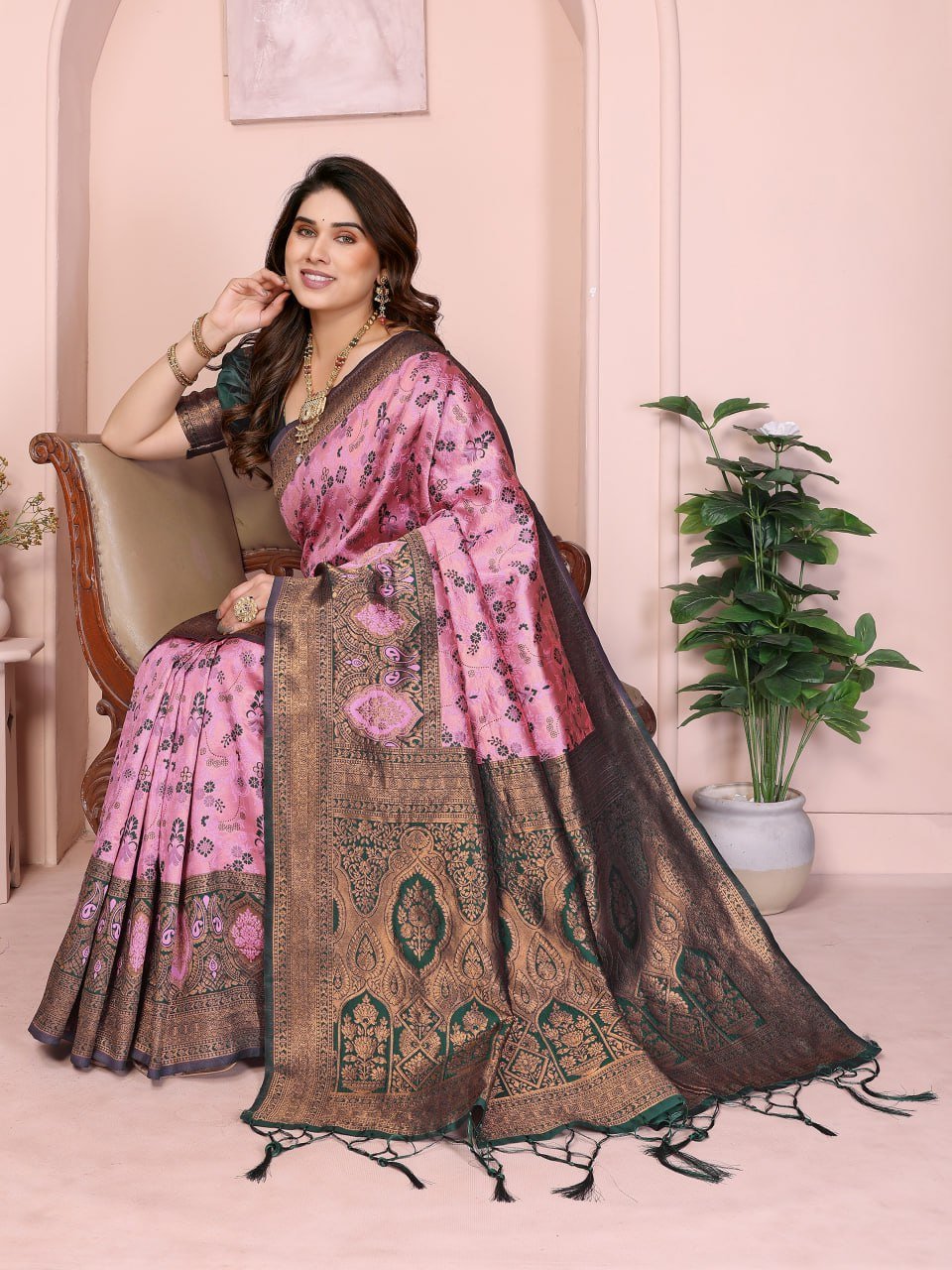 Green And Pink Traditional Banarasi Soft Silk Jacquard Border Saree