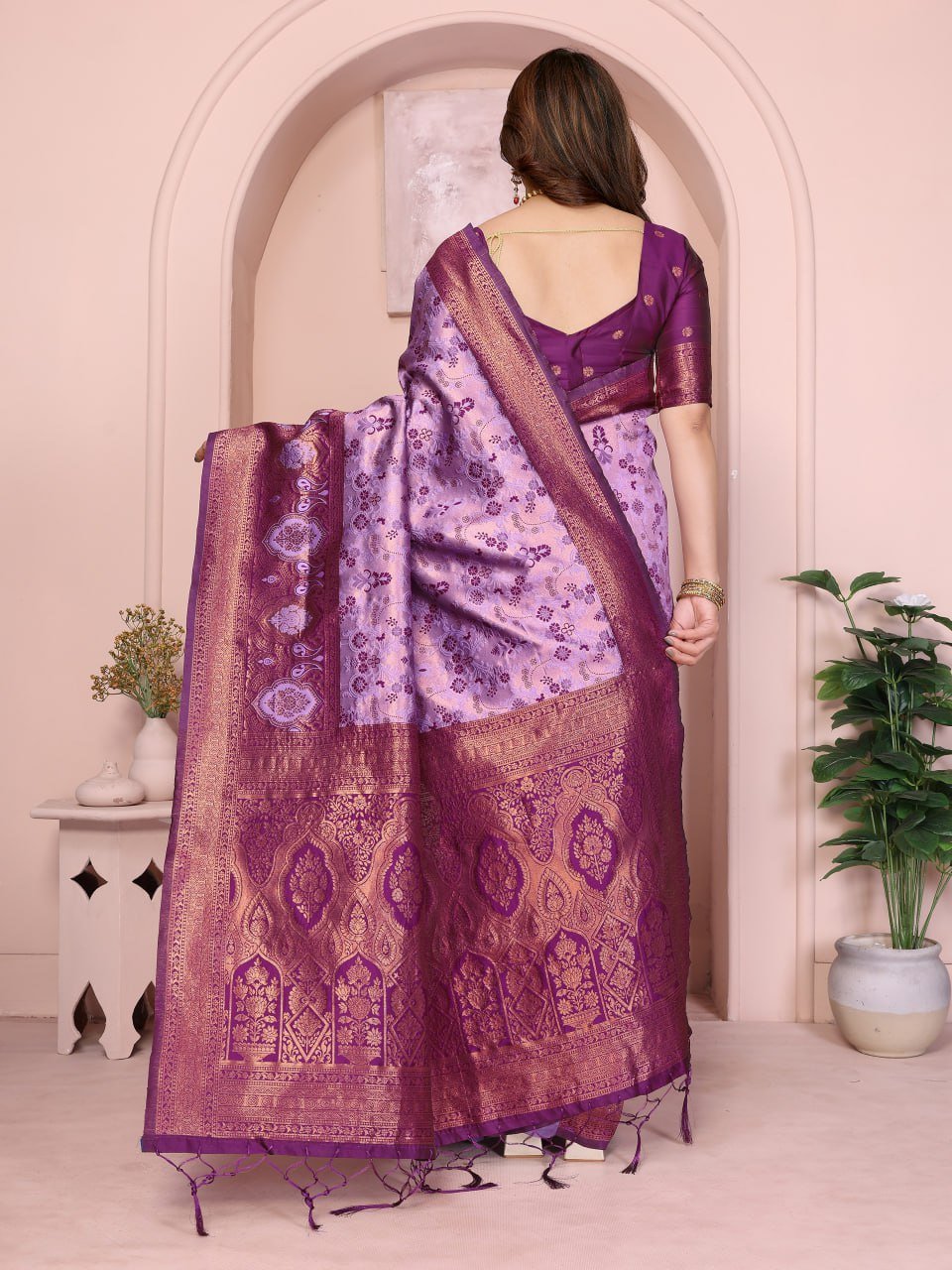Purple And Pink Traditional Banarasi Soft Silk Jacquard Border Saree