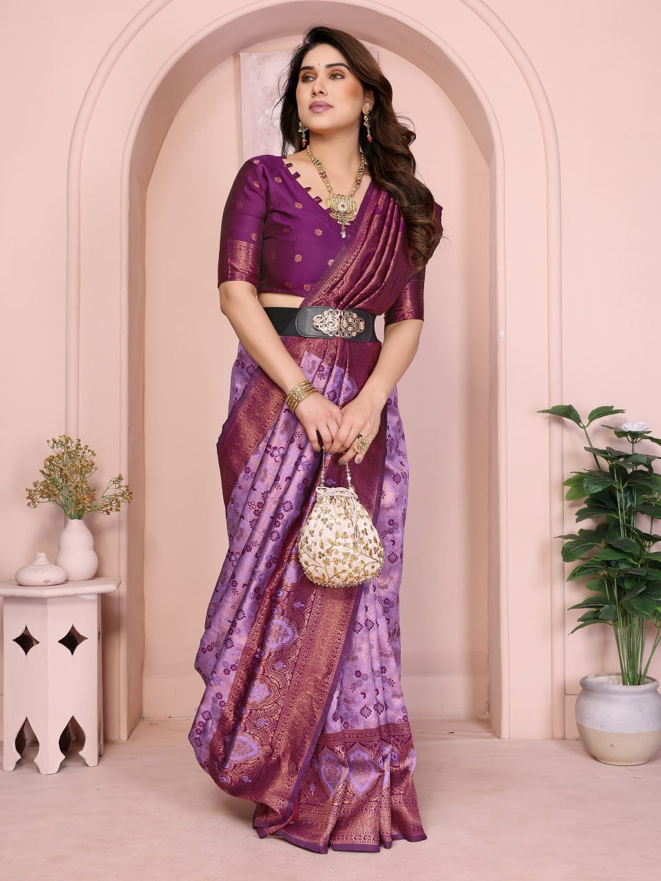 Purple And Pink Traditional Banarasi Soft Silk Jacquard Border Saree