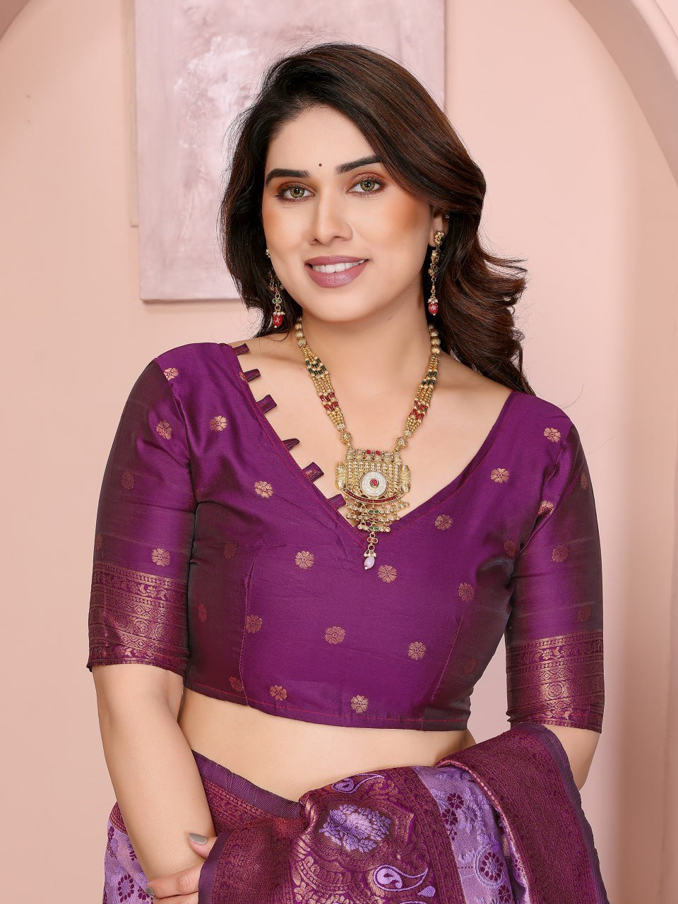 Purple And Pink Traditional Banarasi Soft Silk Jacquard Border Saree