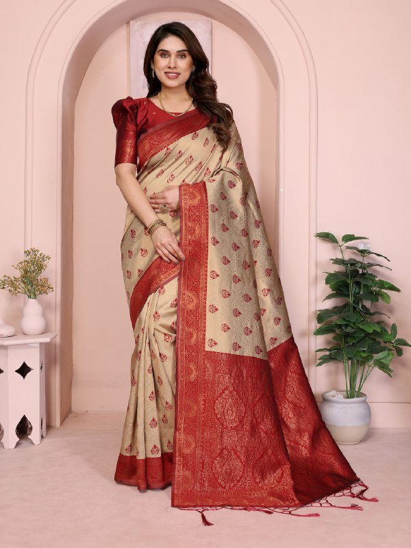 Red And Cream Banarasi Soft Silk Jacquard Border Saree