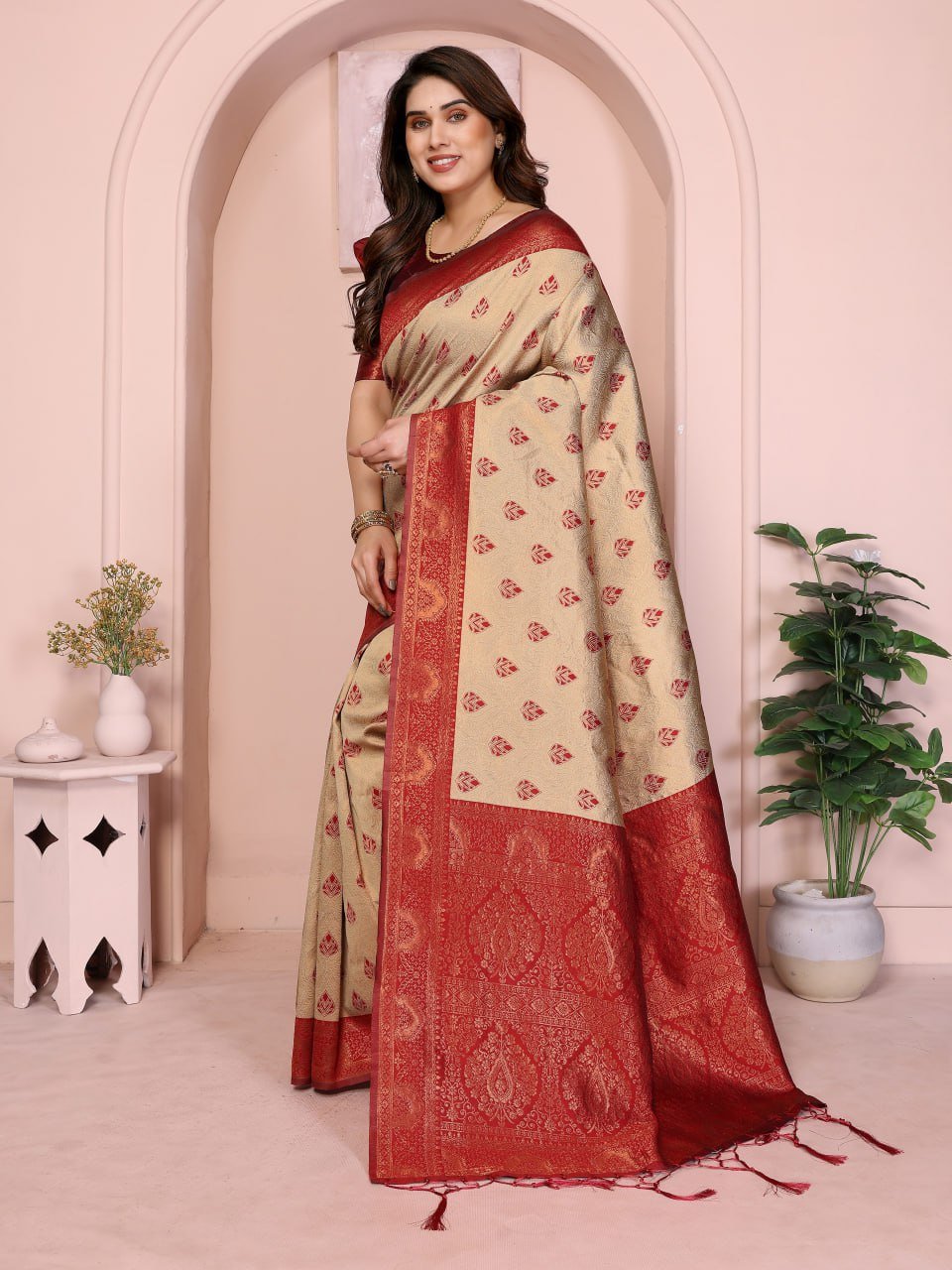 Red And Cream Banarasi Soft Silk Jacquard Border Saree