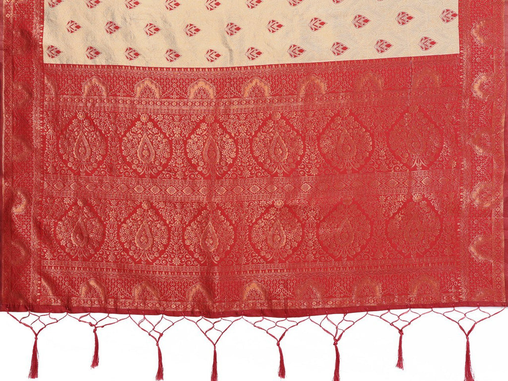 Red And Cream Banarasi Soft Silk Jacquard Border Saree