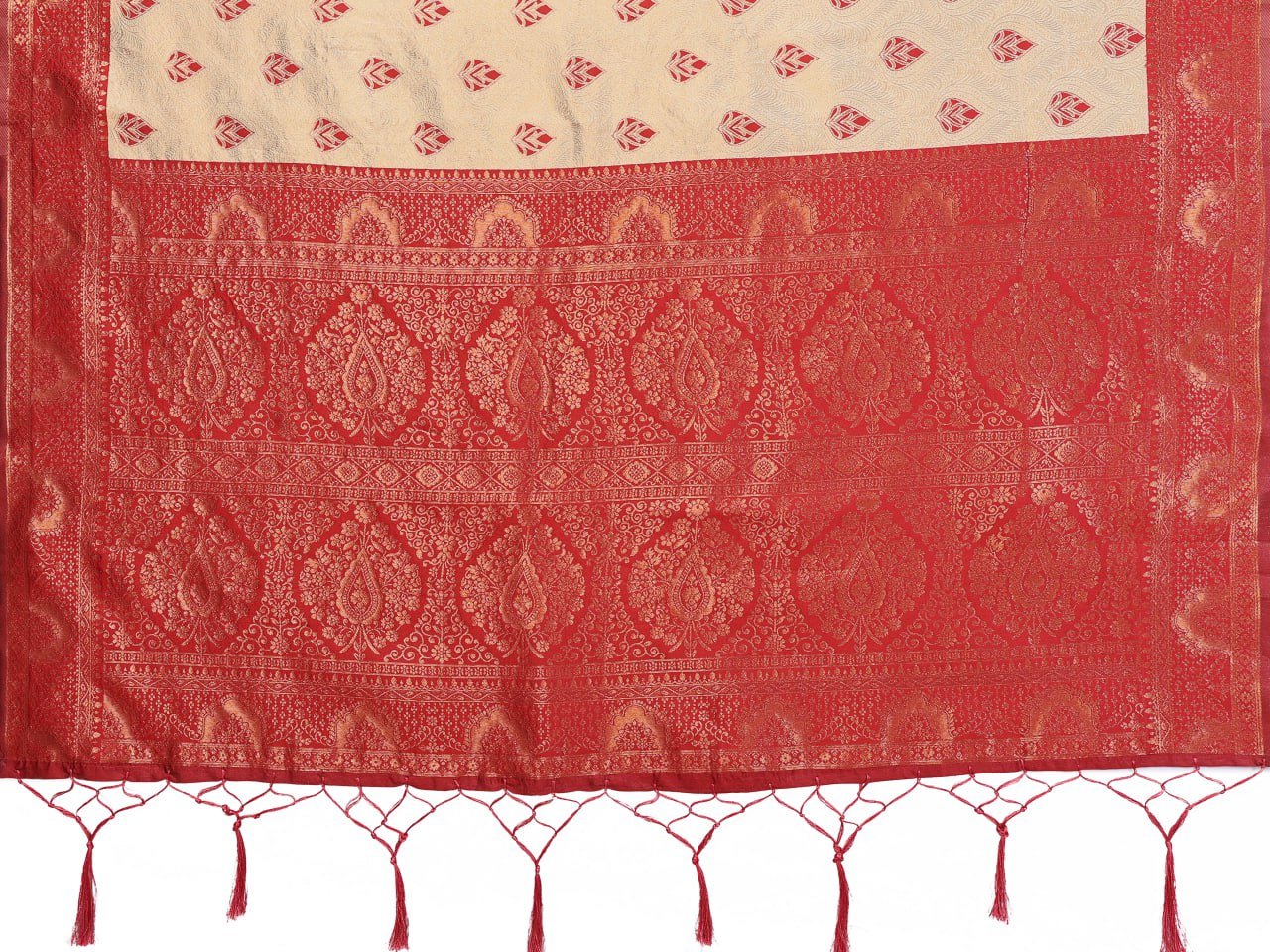 Red And Cream Banarasi Soft Silk Jacquard Border Saree