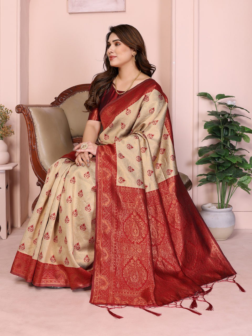 Red And Cream Banarasi Soft Silk Jacquard Border Saree