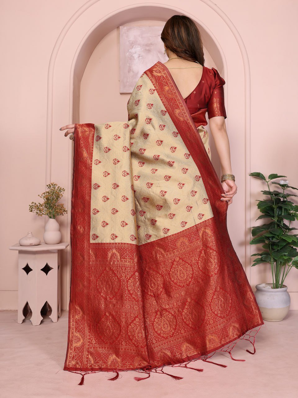 Red And Cream Banarasi Soft Silk Jacquard Border Saree