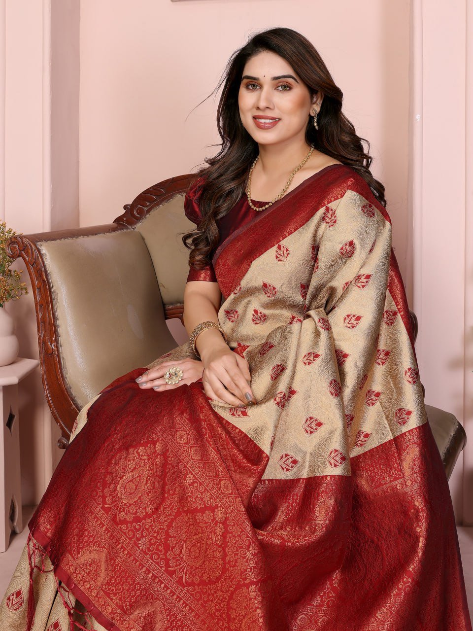 Red And Cream Banarasi Soft Silk Jacquard Border Saree