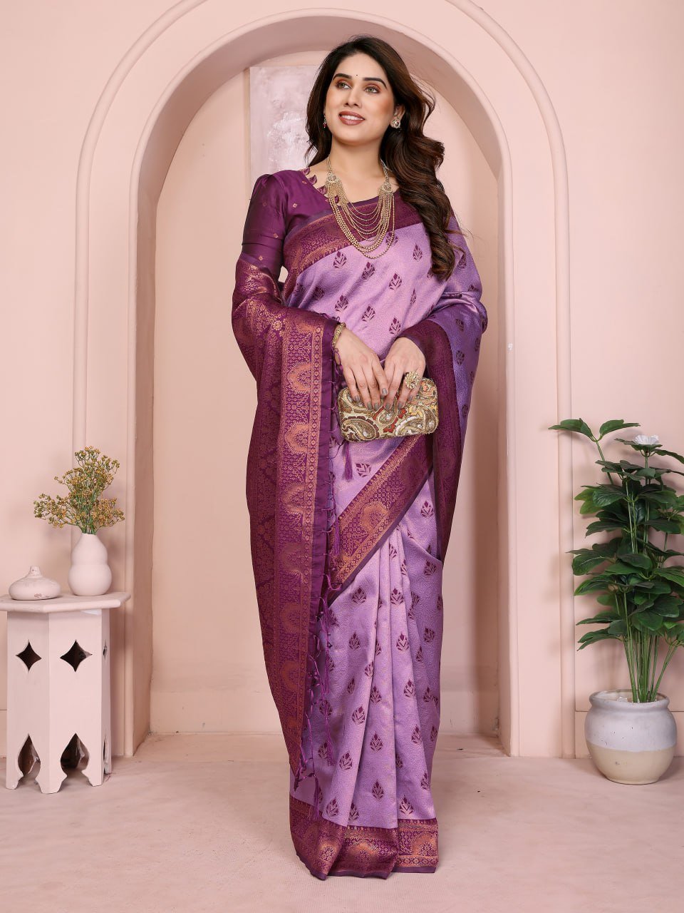 Purple Banarasi Soft Silk Jacquard Border Saree