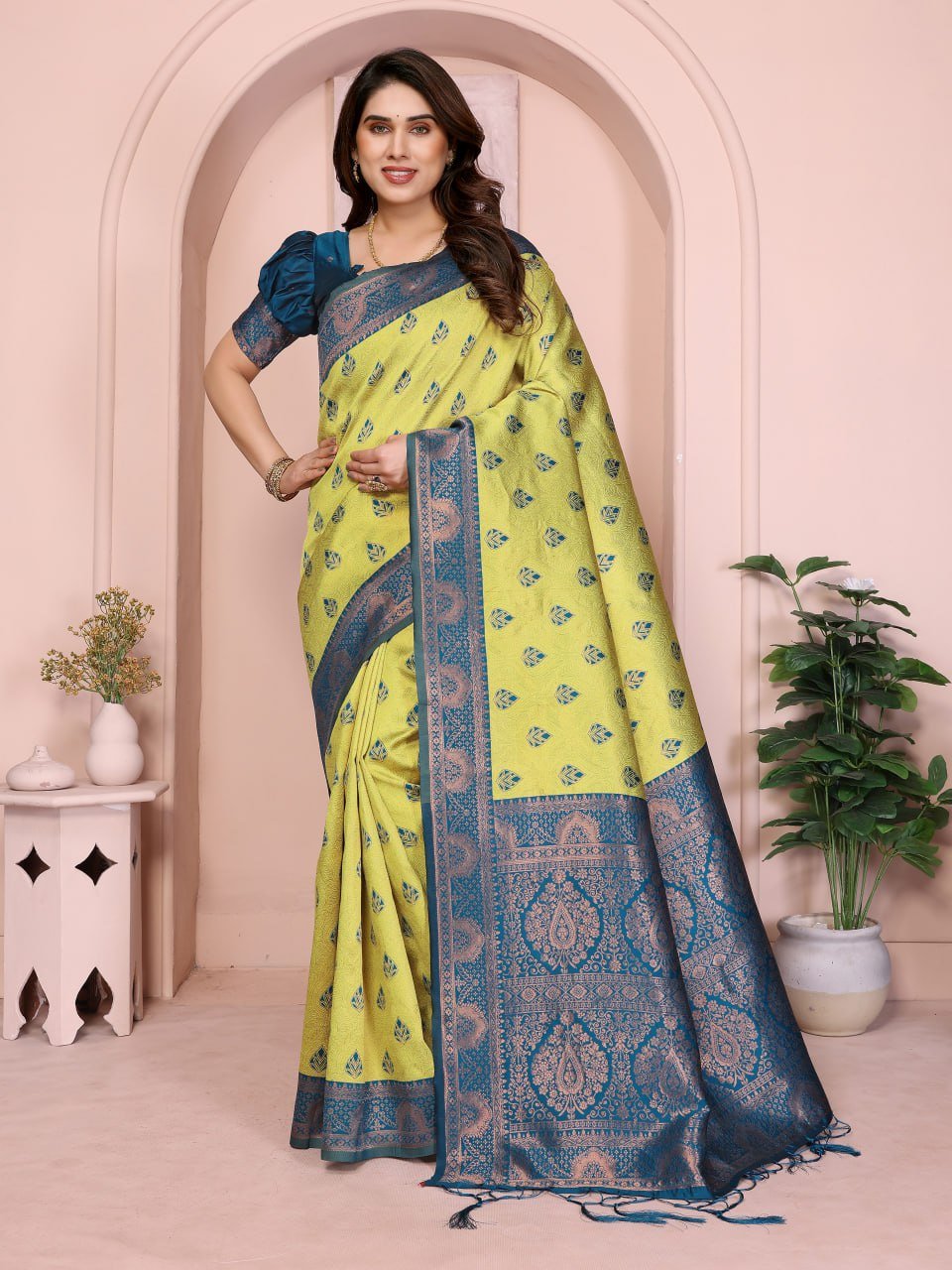 Yellow And Blue Banarasi Soft Silk Jacquard Border Saree