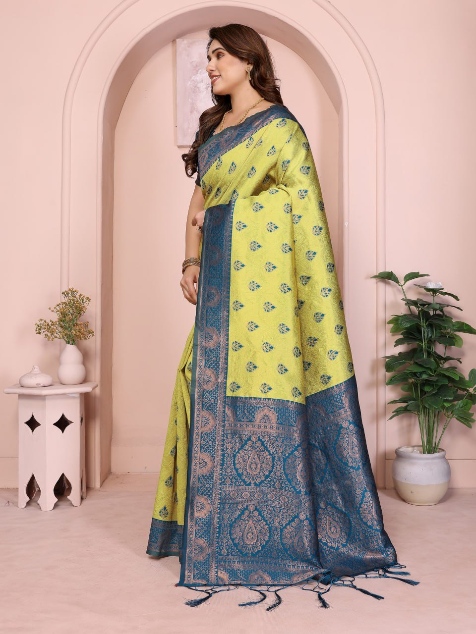 Yellow And Blue Banarasi Soft Silk Jacquard Border Saree
