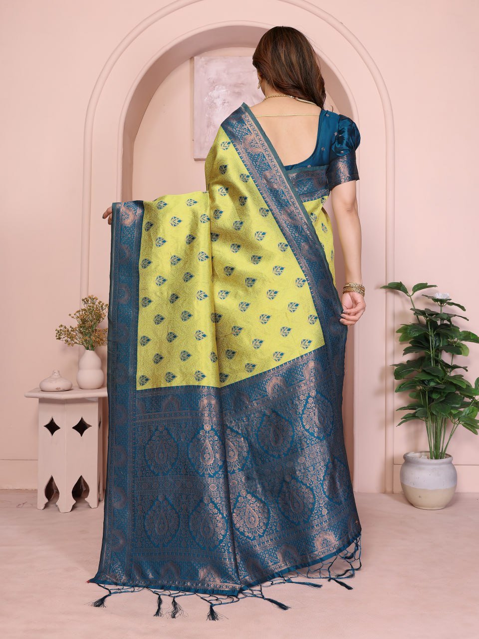Yellow And Blue Banarasi Soft Silk Jacquard Border Saree