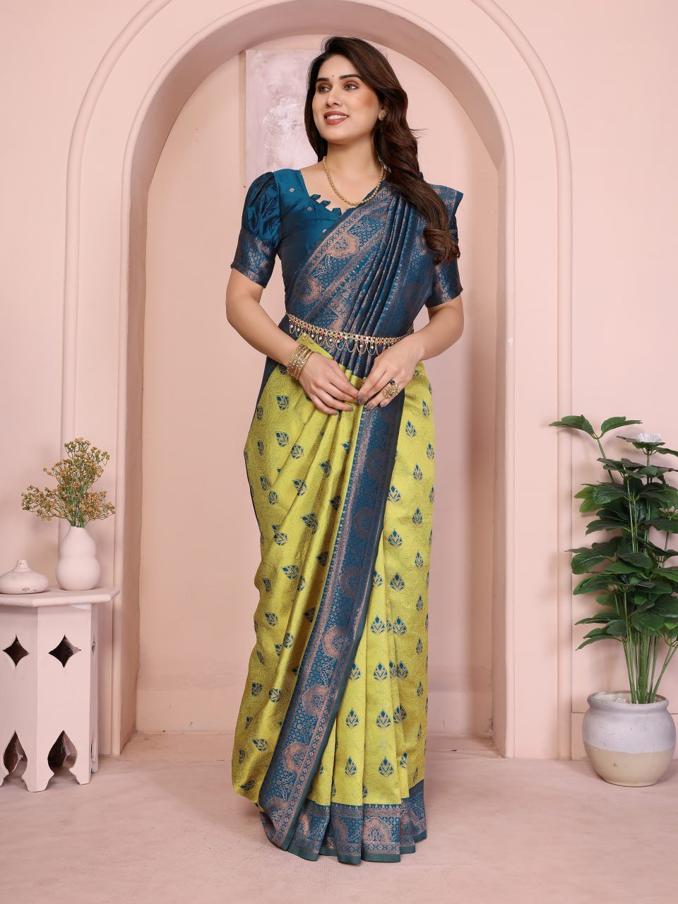 Yellow And Blue Banarasi Soft Silk Jacquard Border Saree