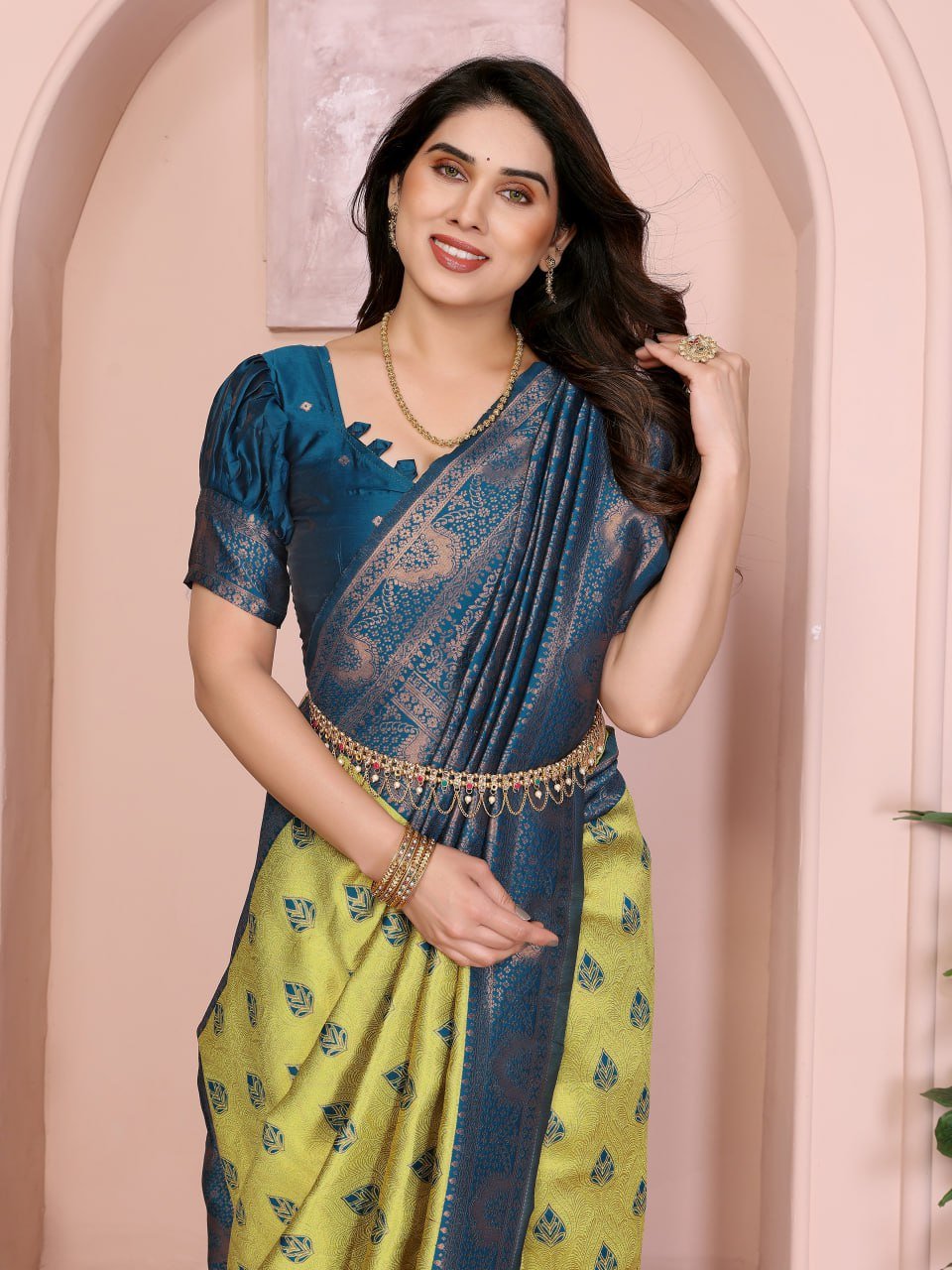 Yellow And Blue Banarasi Soft Silk Jacquard Border Saree