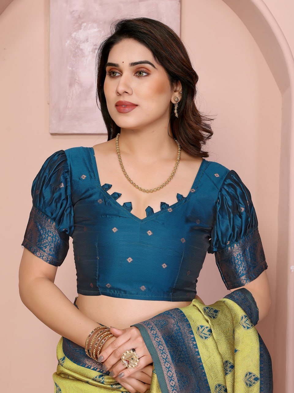 Yellow And Blue Banarasi Soft Silk Jacquard Border Saree