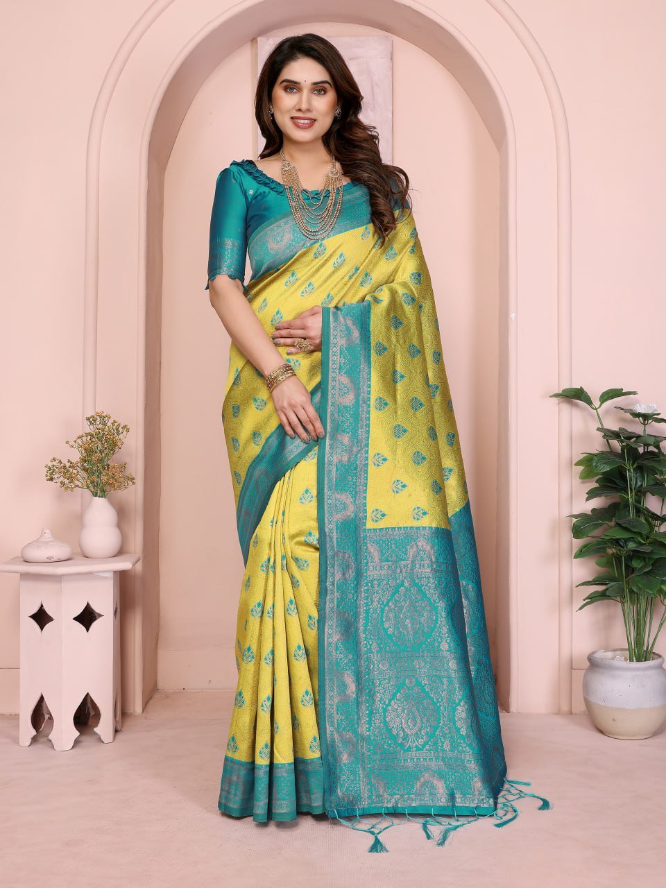 Yellow and turquoise Banarasi soft silk saree with jacquard border and golden zari work – festive traditional saree for women